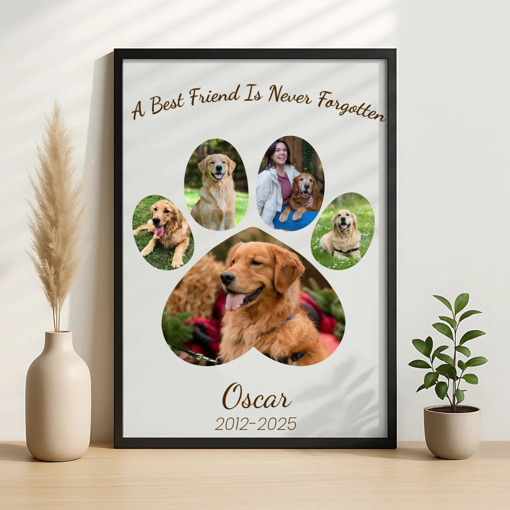 Personalised pet loss photo frame displayed on a wall showing collage layout