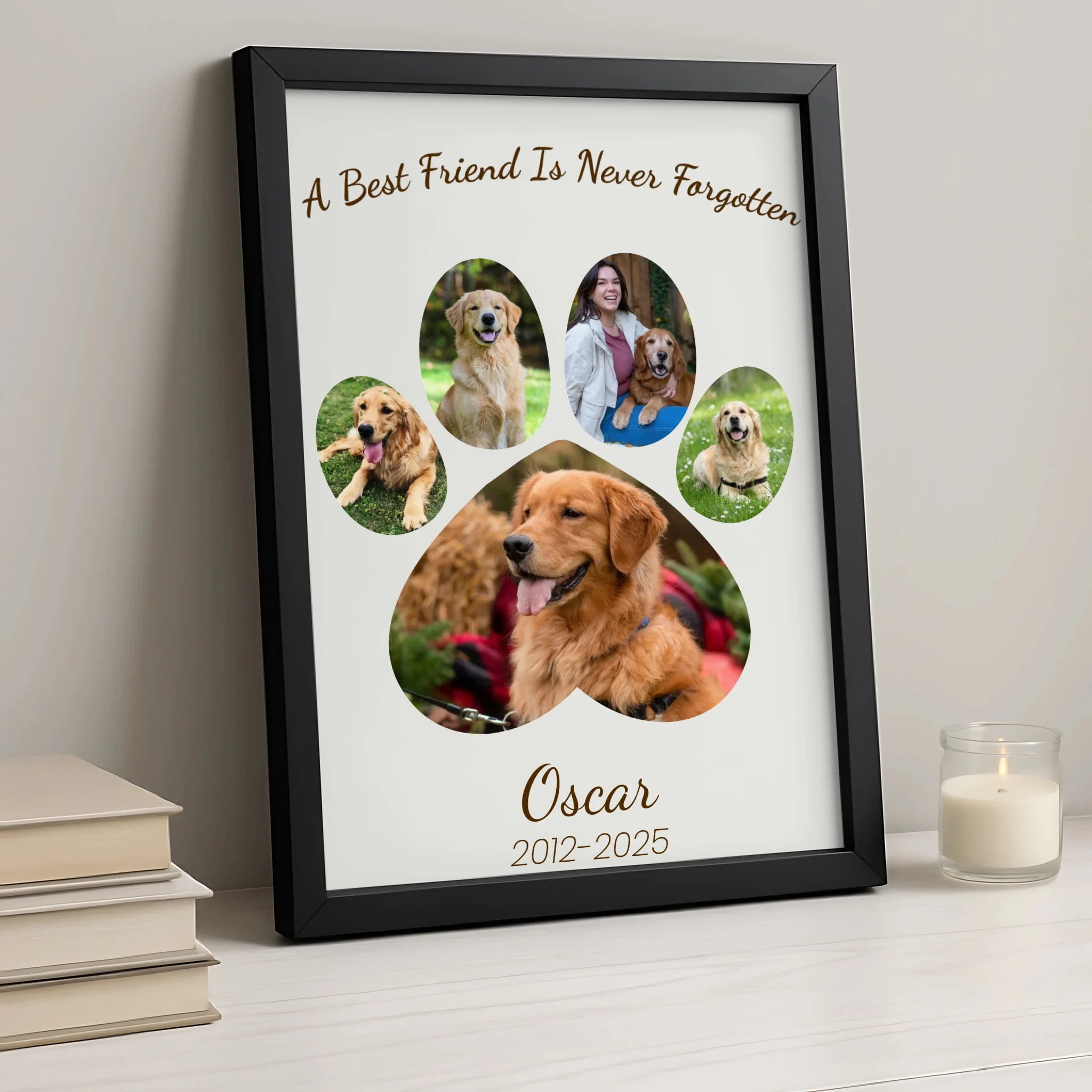Close-up of personalised dog memorial photo frame with paw print design and custom text