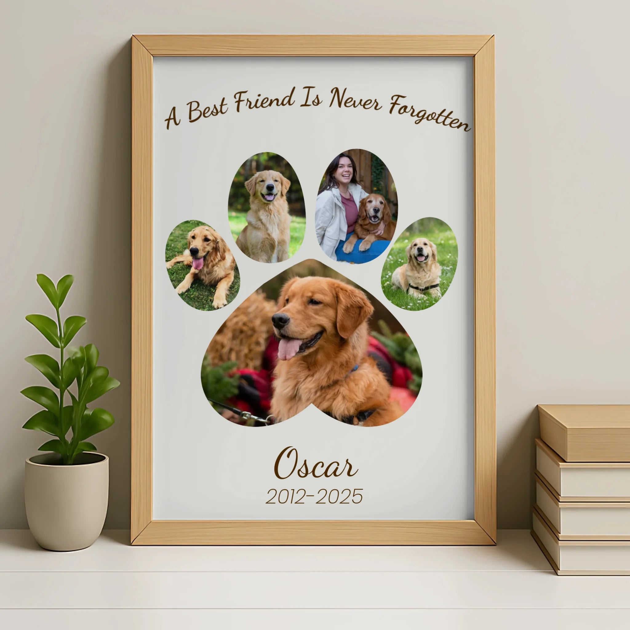 Pet memorial photo frame in oak finish with personalised paw print collage