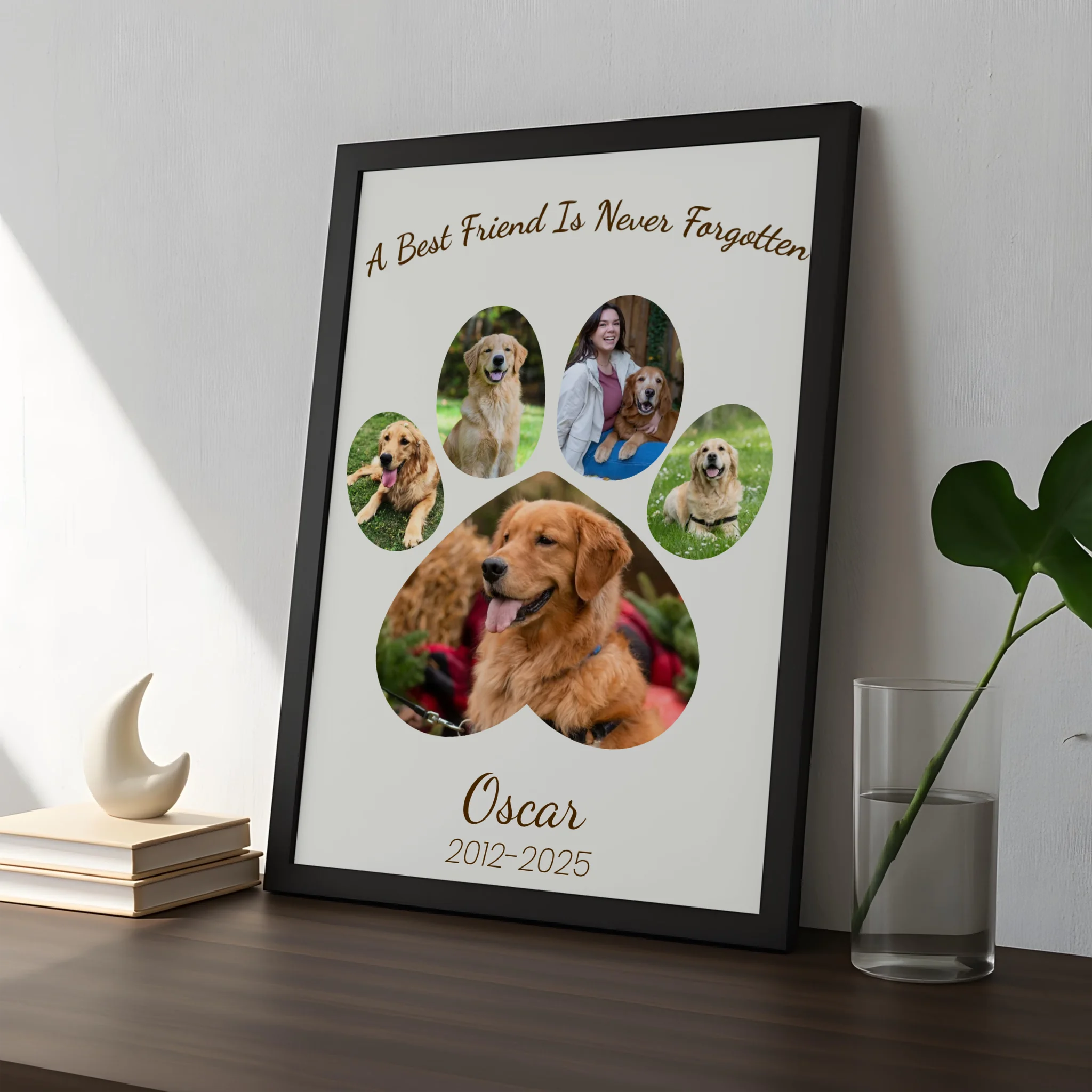 Personalised pet memorial frame showing photo collage with paw print motif