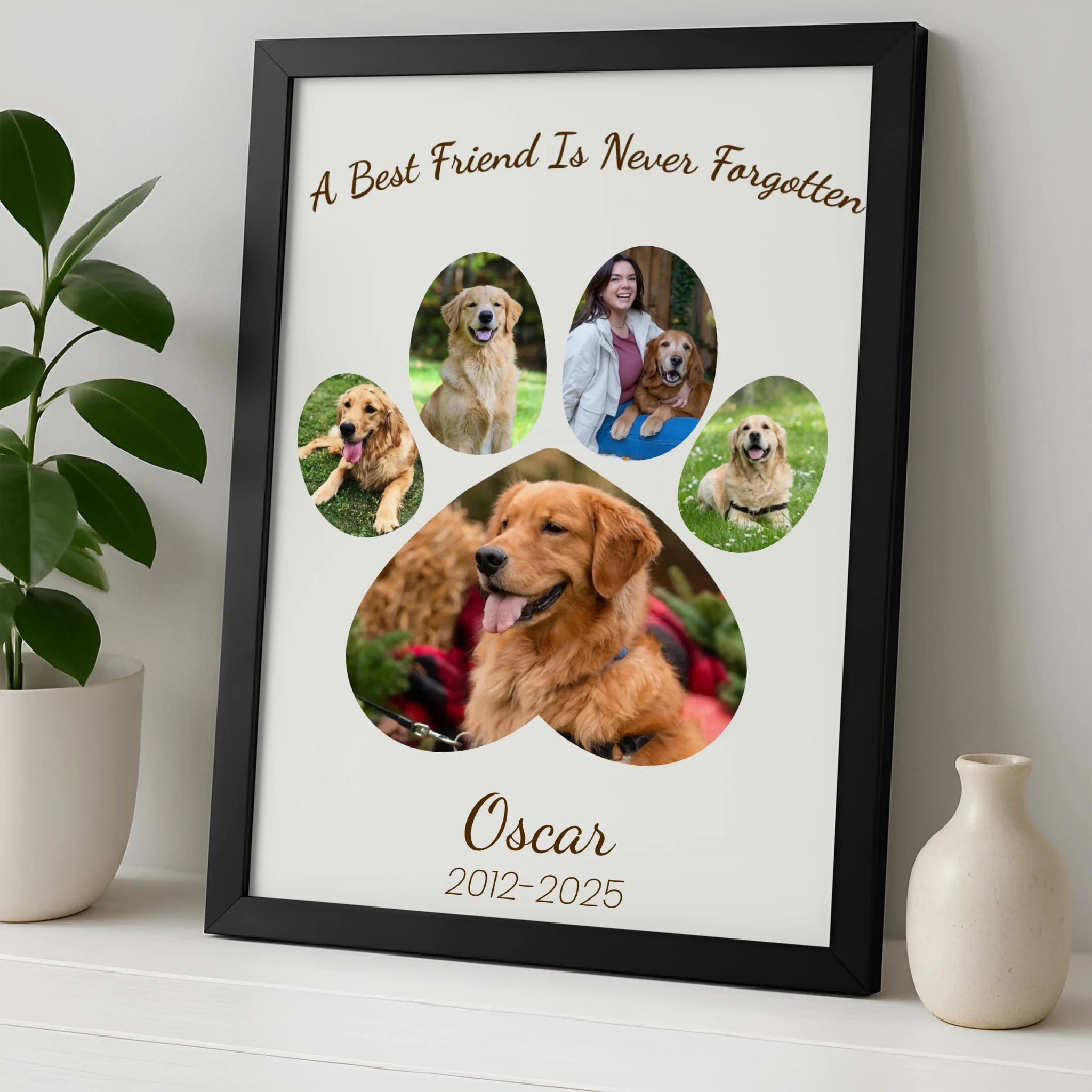 Custom pet memorial photo frame showing multiple photos in a paw print collage layout