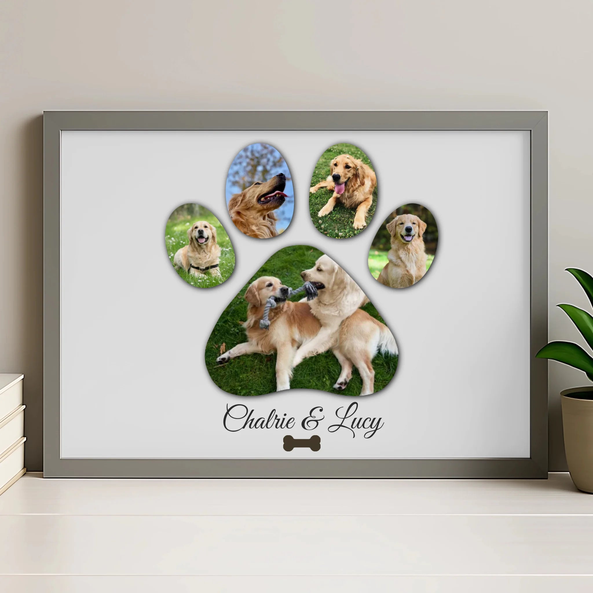 Personalised pet photo collage frame in grey finish with paw print design