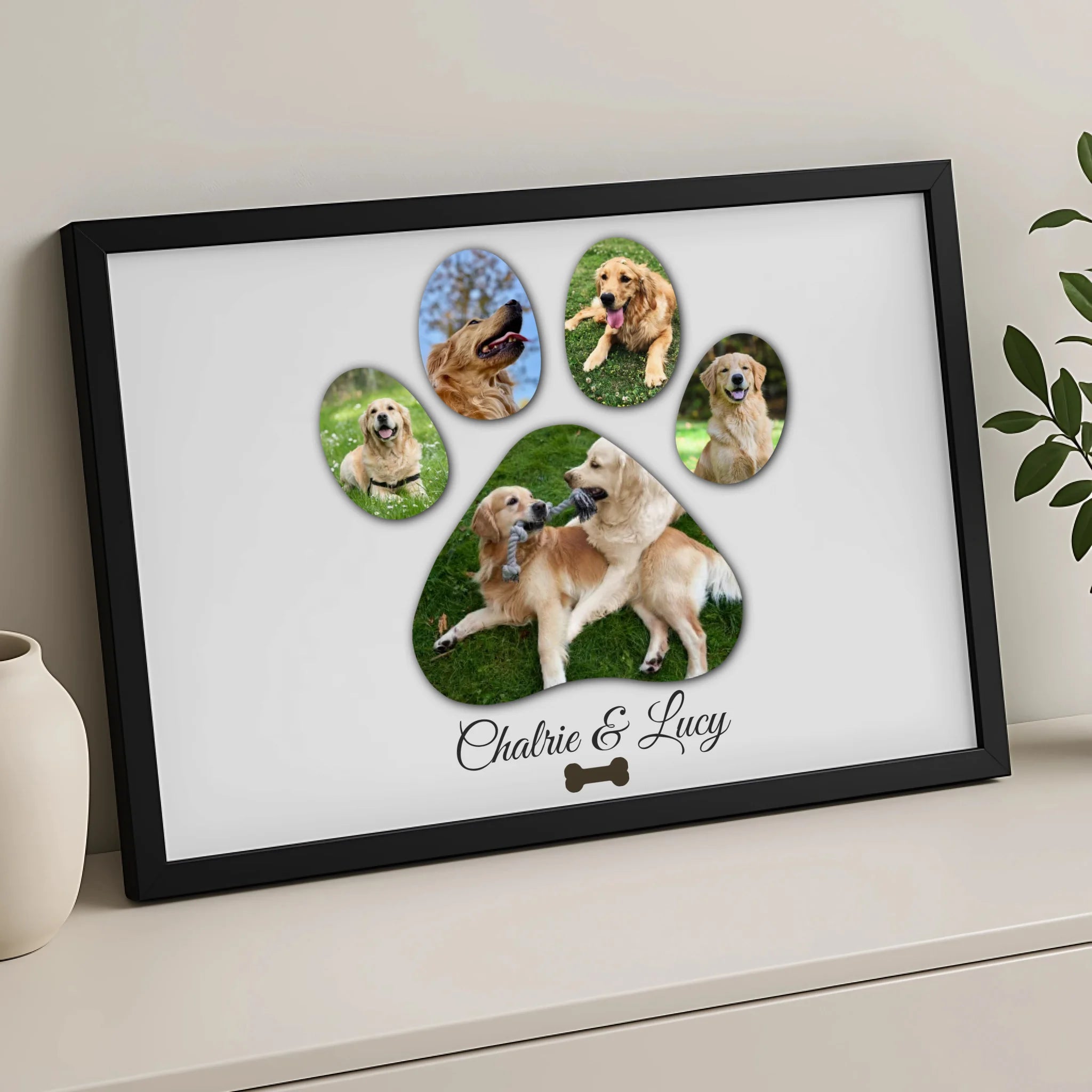 Custom pet photo frame with paw print design and multiple photo panels
