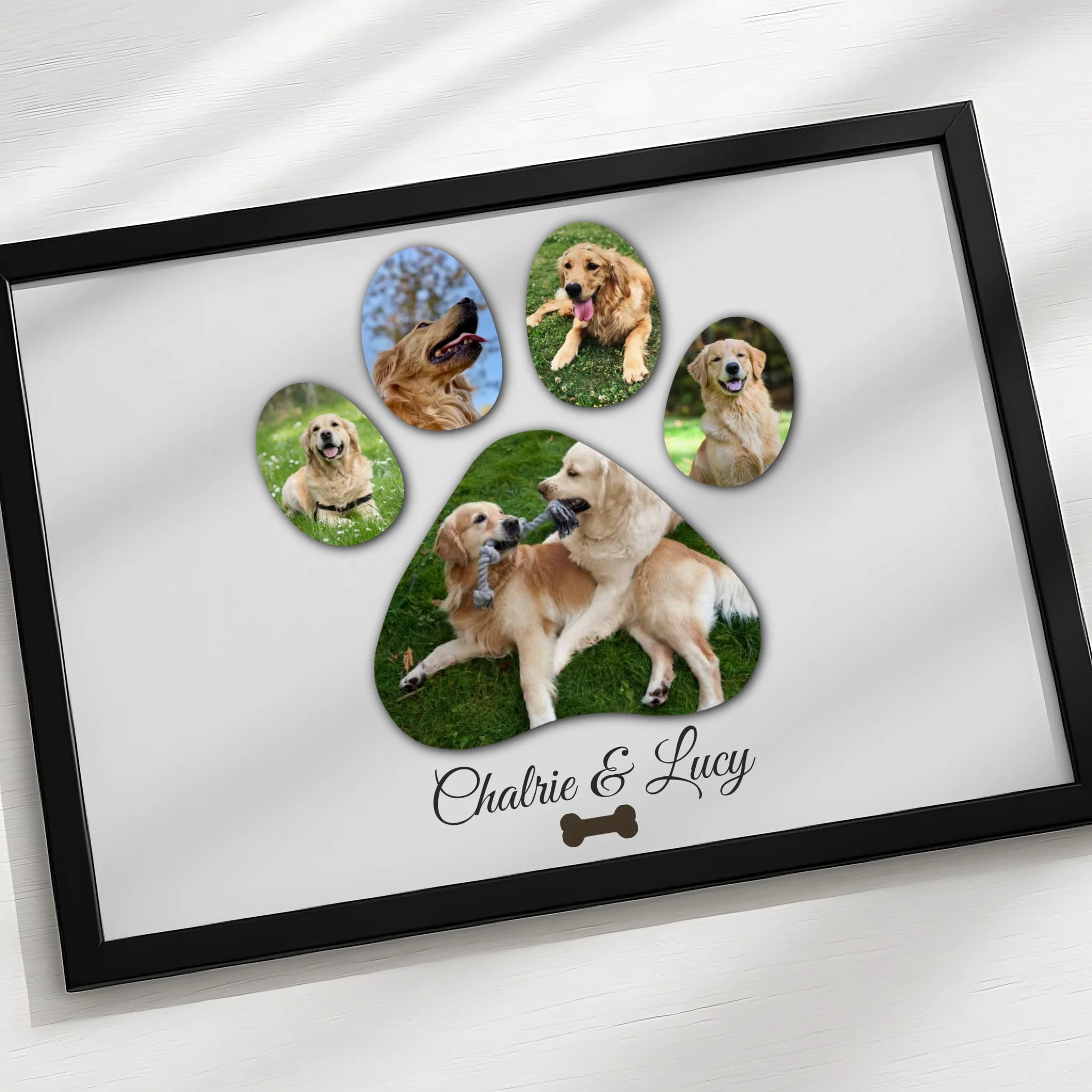 Personalised pet portrait photo frame with multiple pictures of a dog