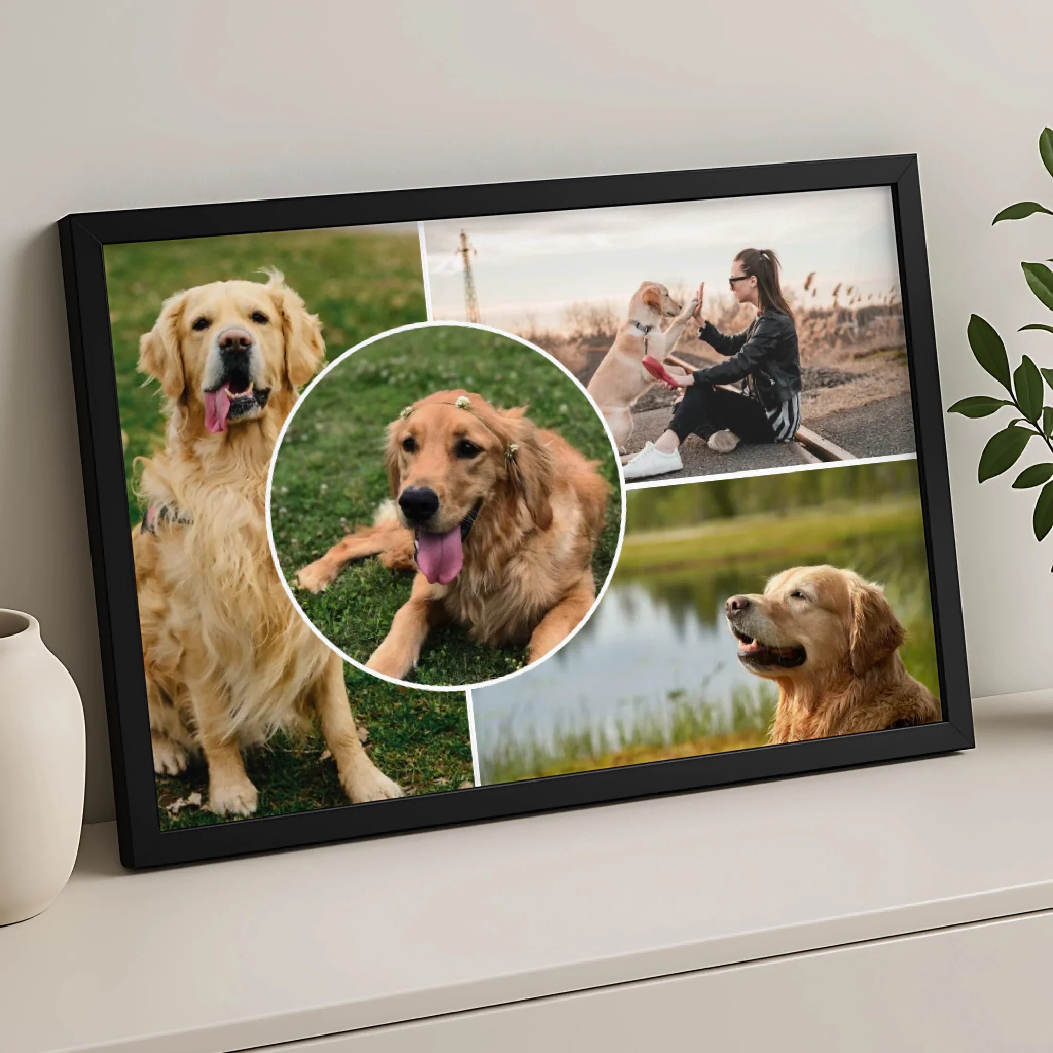 Custom dog photo frame with three picture slots, personalised pet keepsake