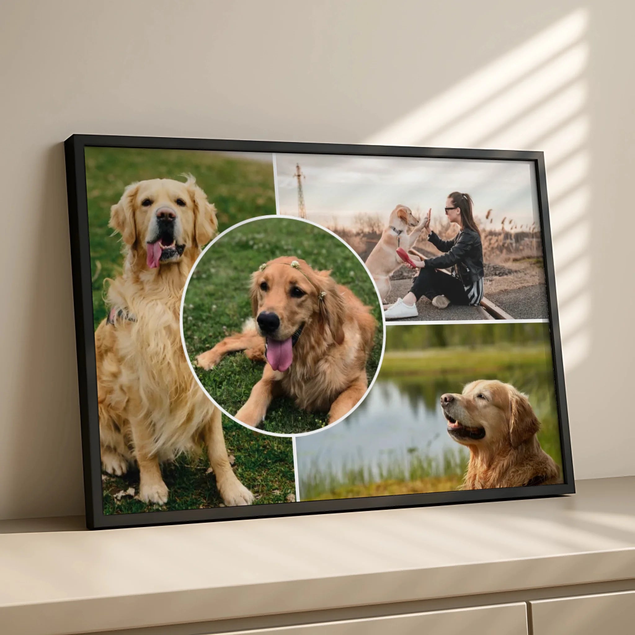Six-photo personalised dog collage frame printed on white mount