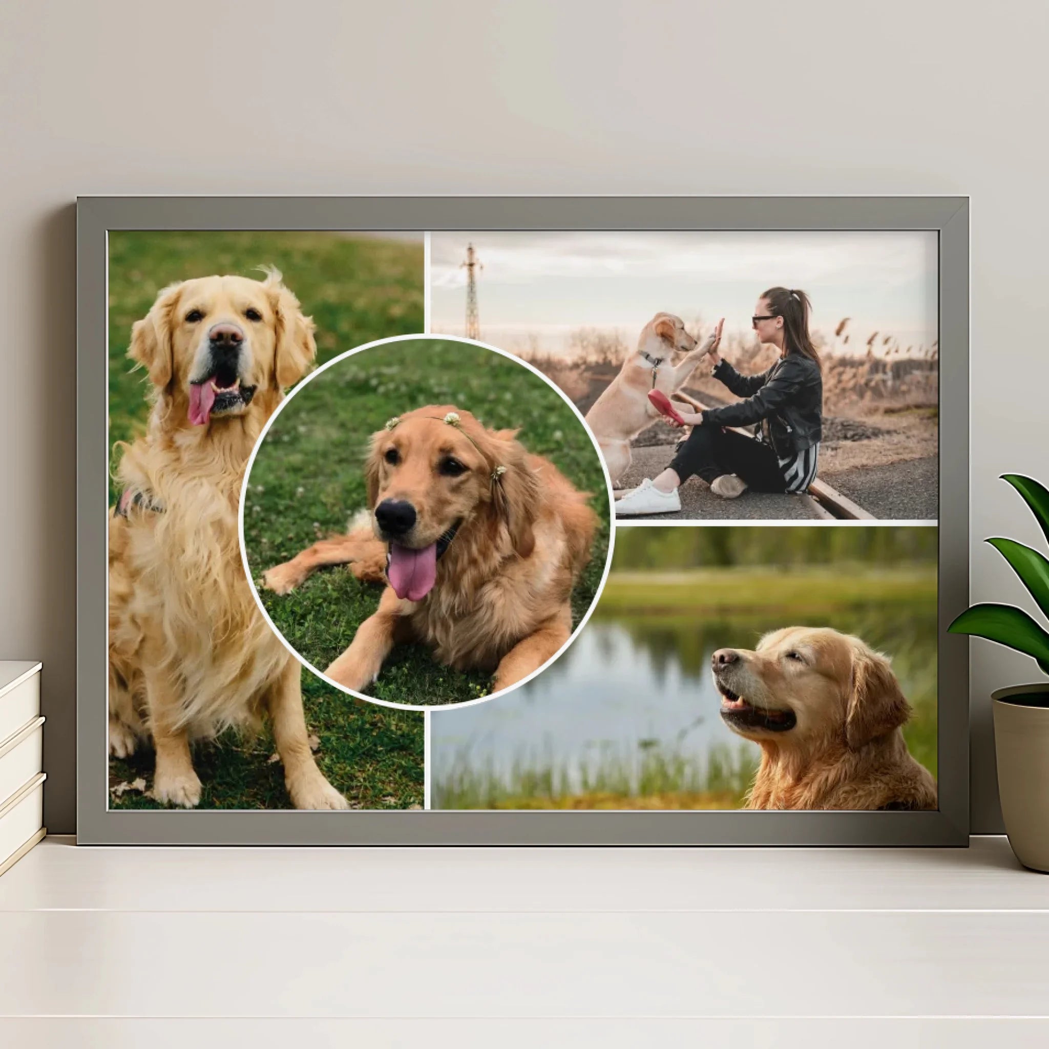 Personalised dog photo frame with grey mount and multiple picture slots