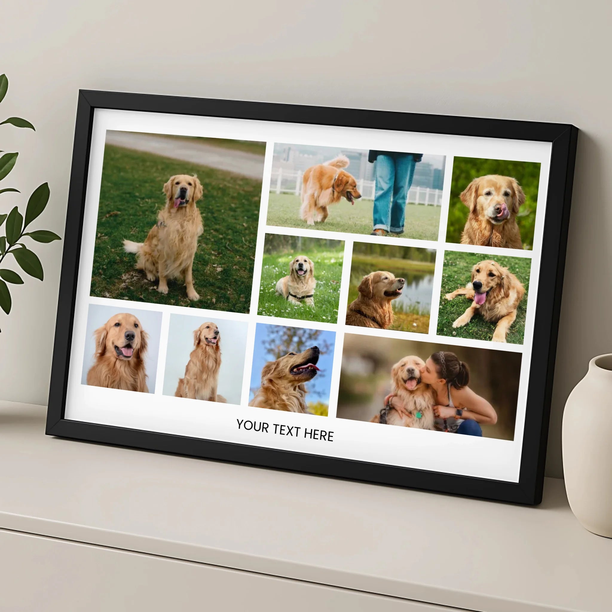 Close-up of a custom dog photo frame showing individual photo panels