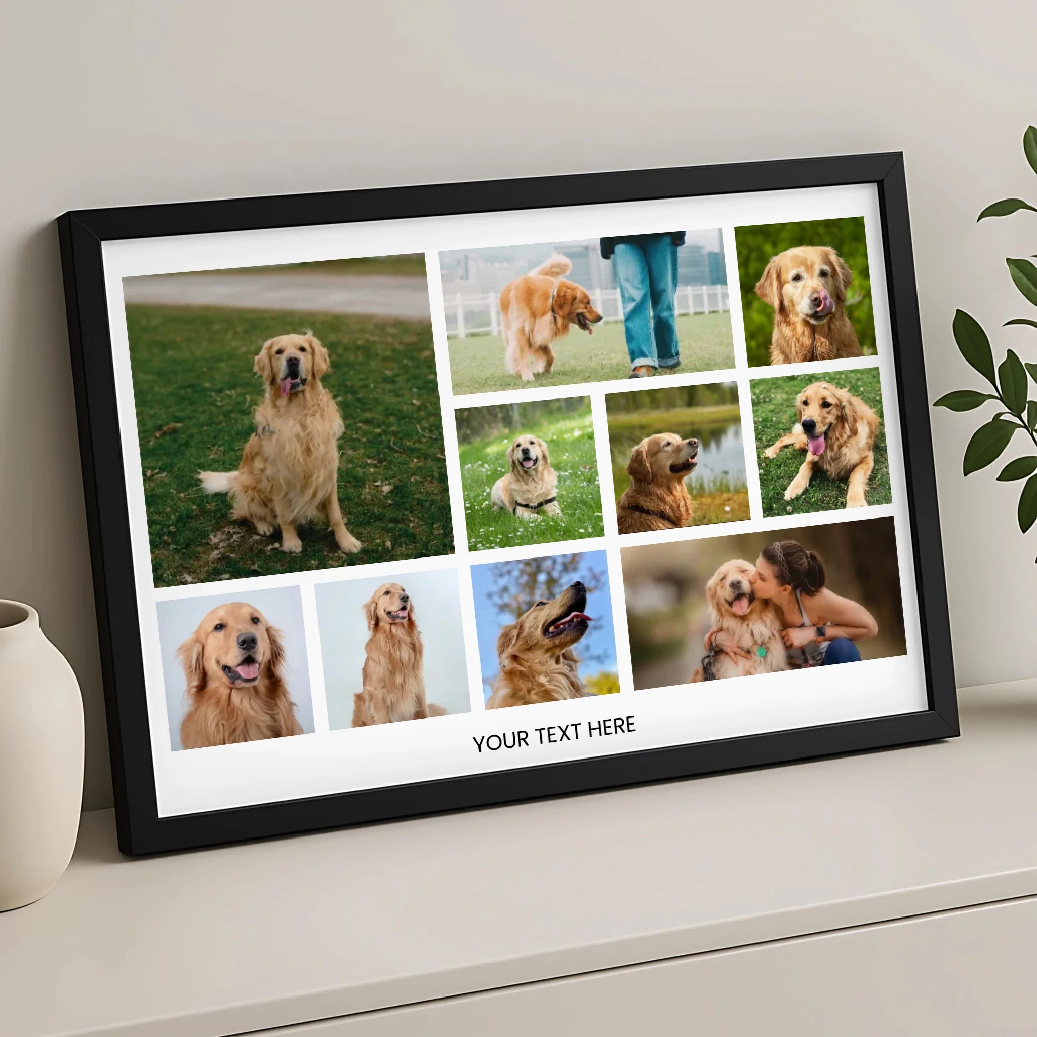 Custom dog photo frame with 10 photo slots displayed on a wall
