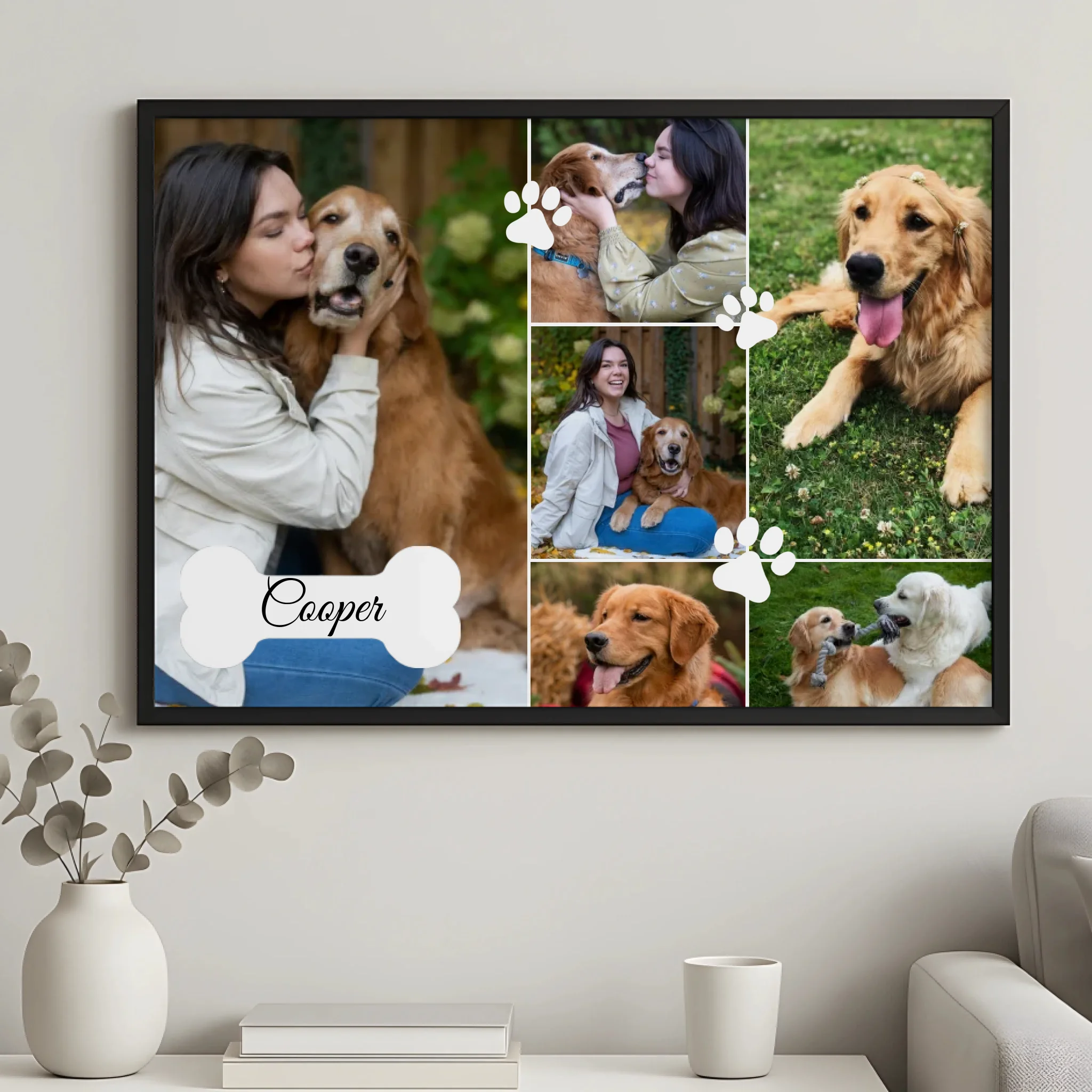 Custom pet photo frame gift idea showing dog photos and name printed on frame