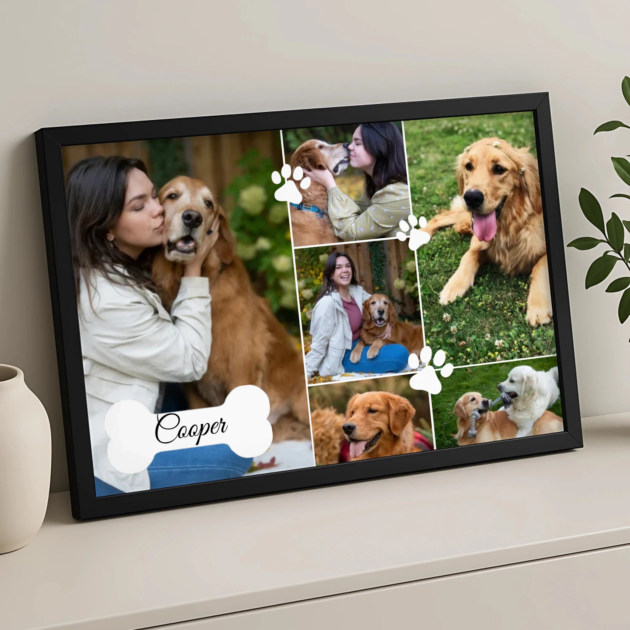 Custom dog photo frame with multiple photo slots and personalised name text