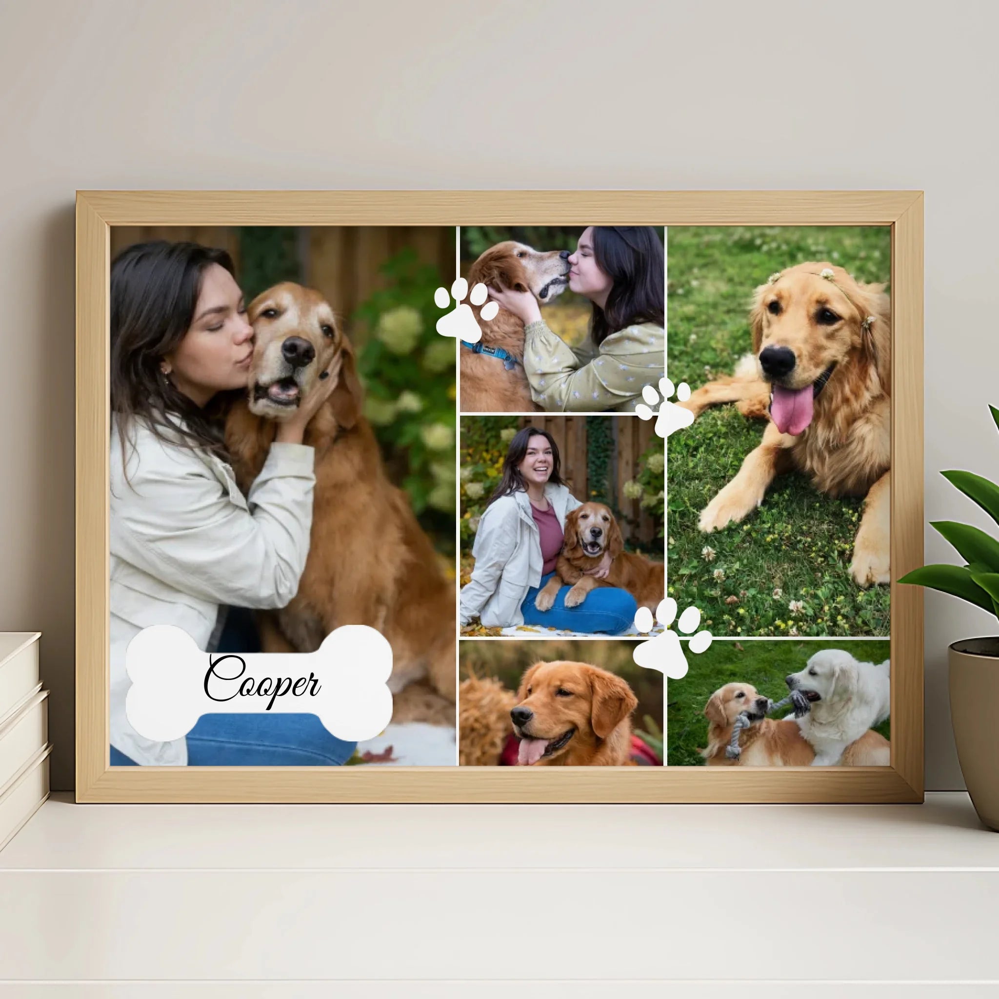 White personalised dog photo frame with custom name and paw print design