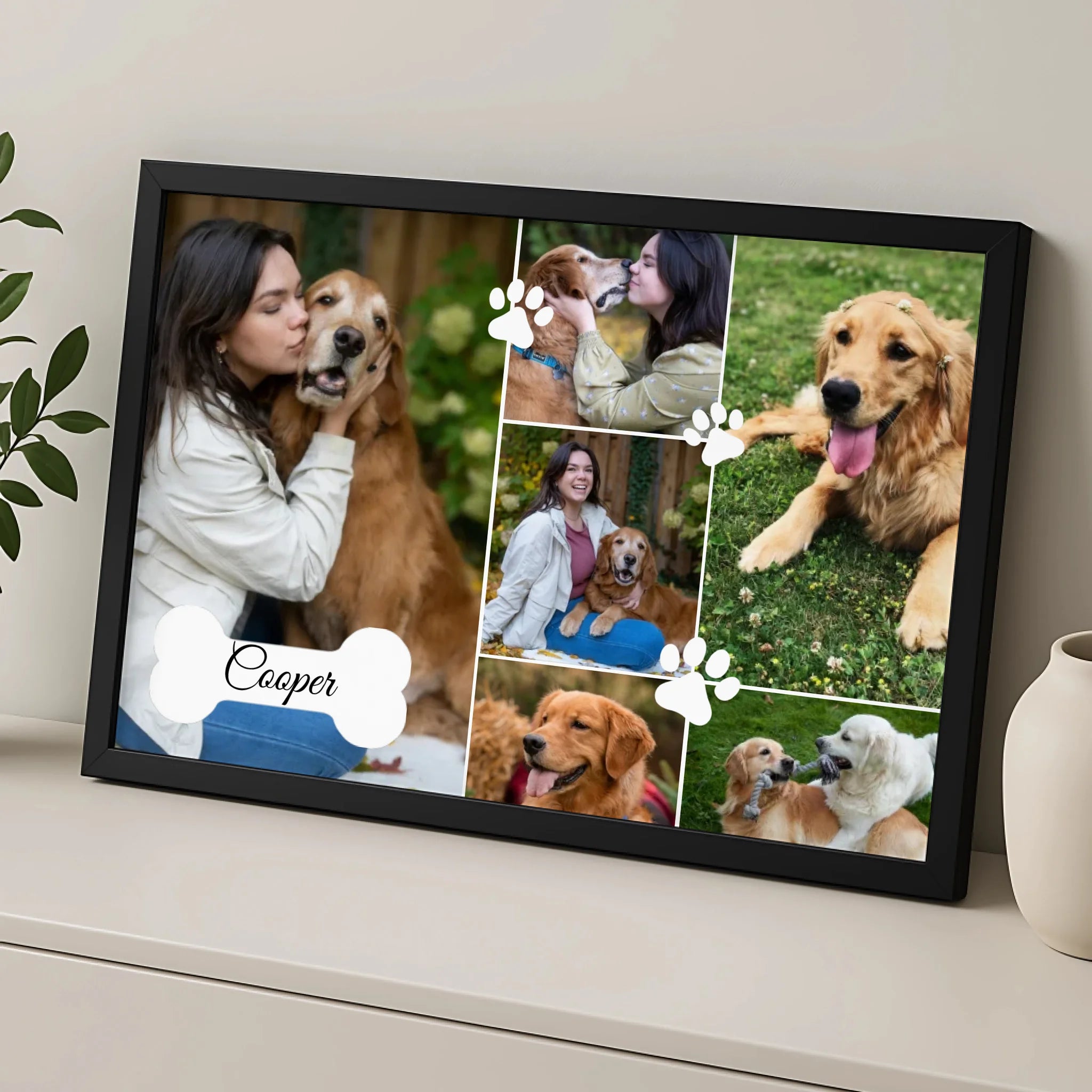 Close-up of personalised dog frame showing name and paw print keepsake design