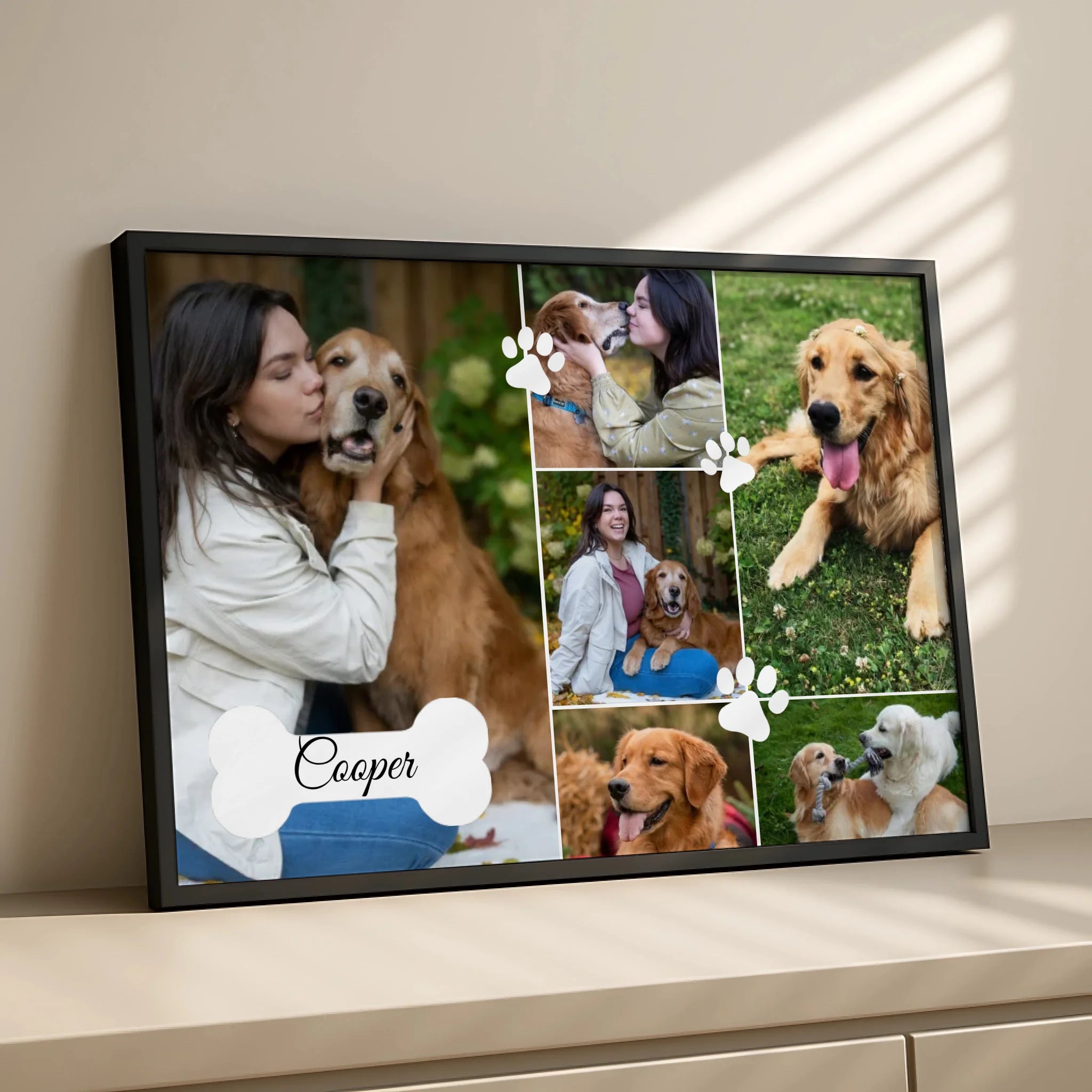 Pet photo collage frame with paw print detail and dog name personalisation