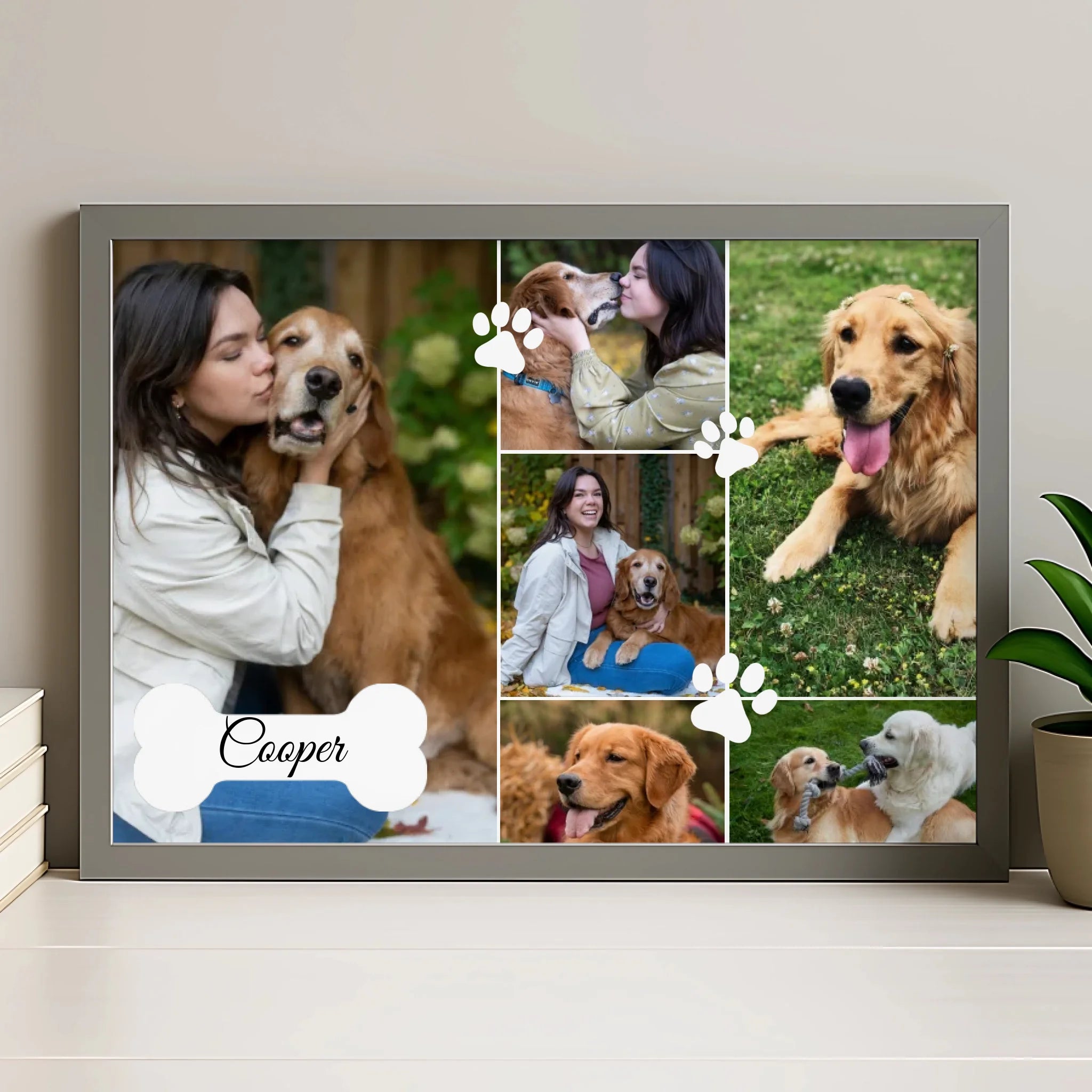 Grey personalised dog photo collage frame with name and paw print