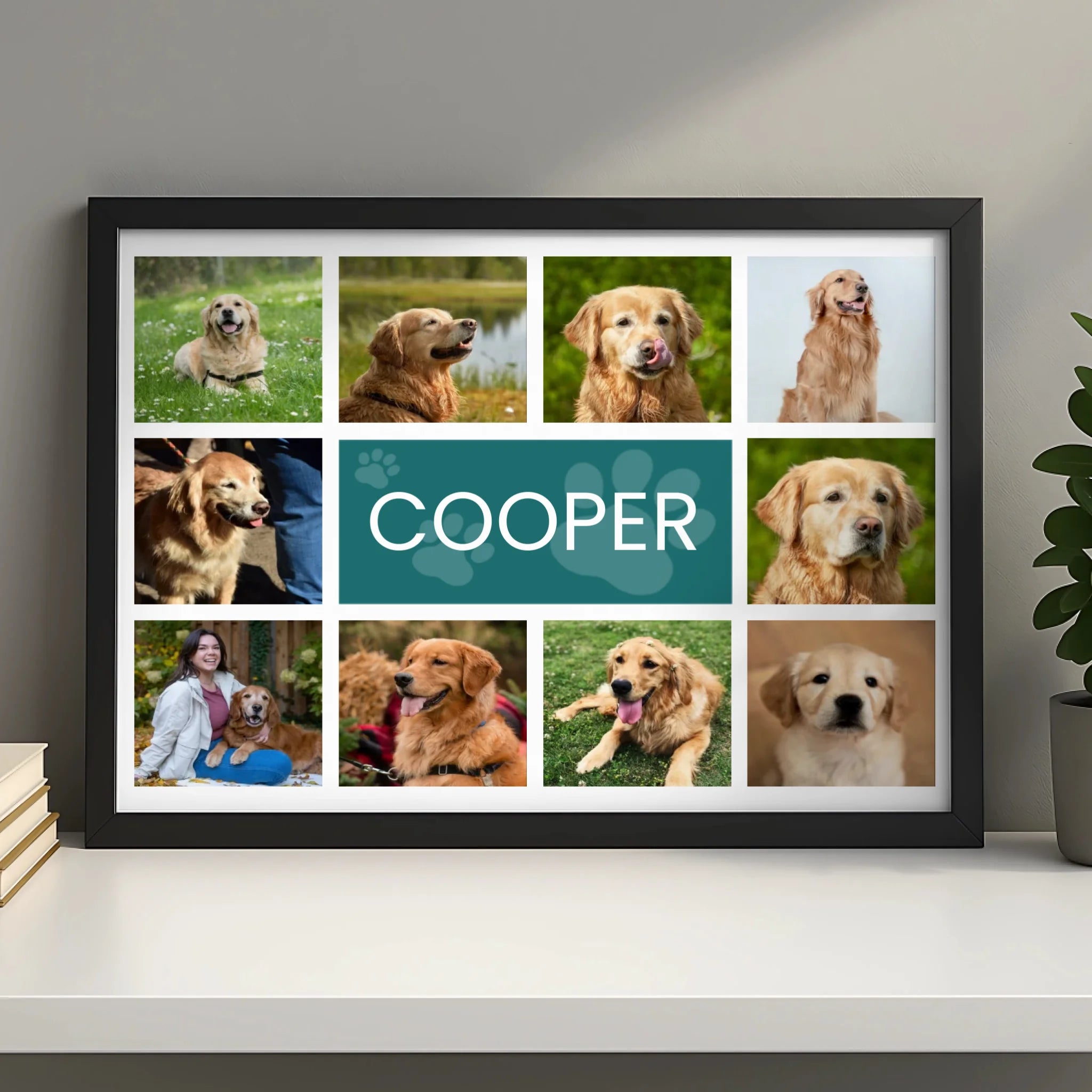 Personalised dog photo collage frame with custom pet name, single photo layout