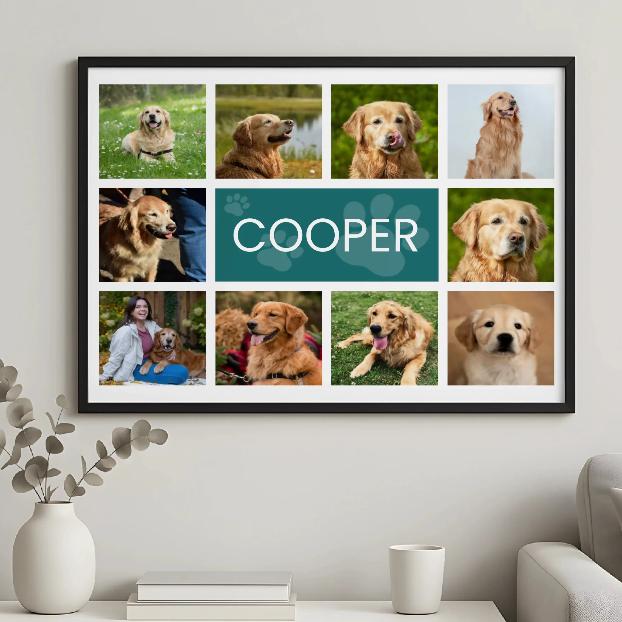Eight-photo personalised pet photo collage frame with custom name