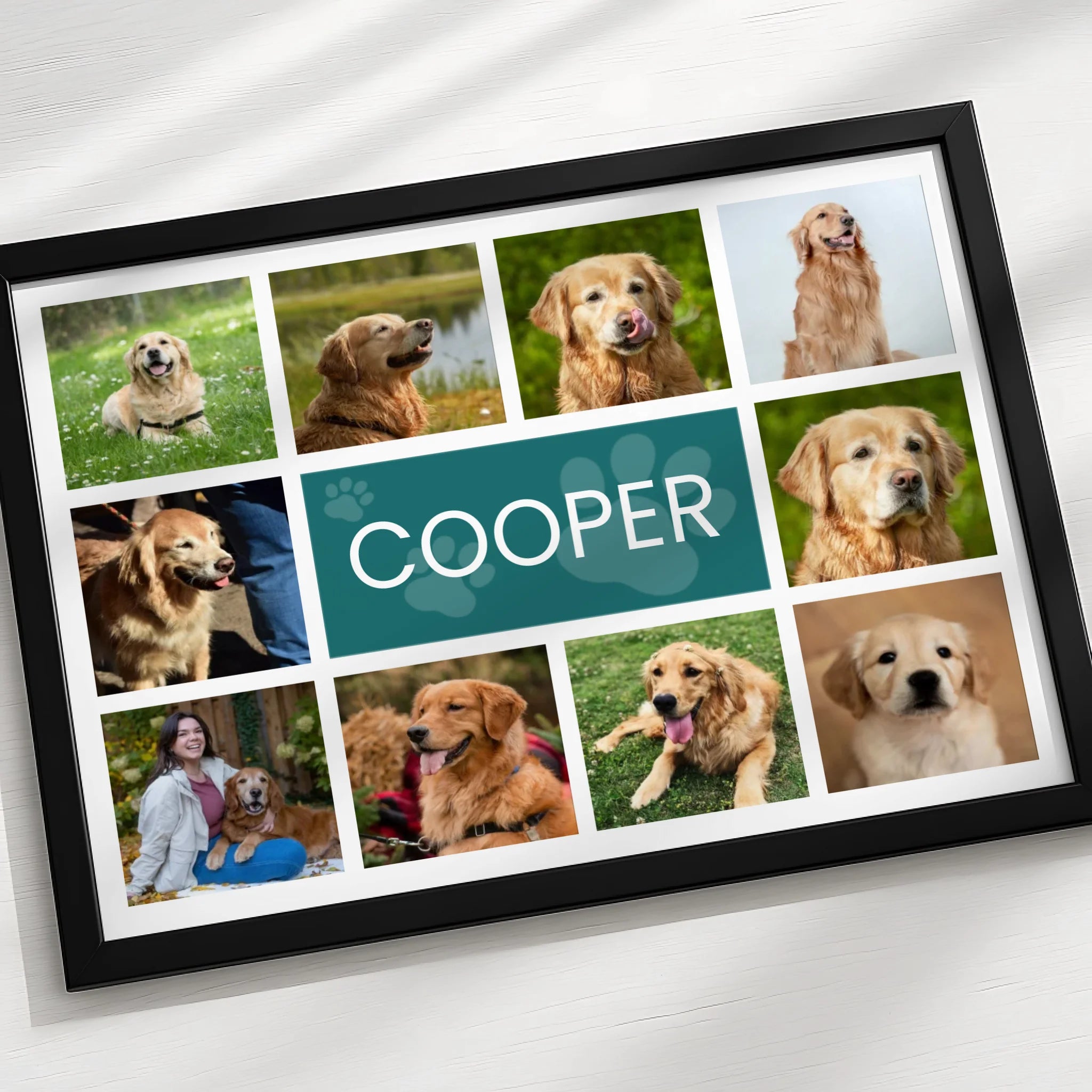 Seven-photo personalised dog collage frame with name, A3 size option