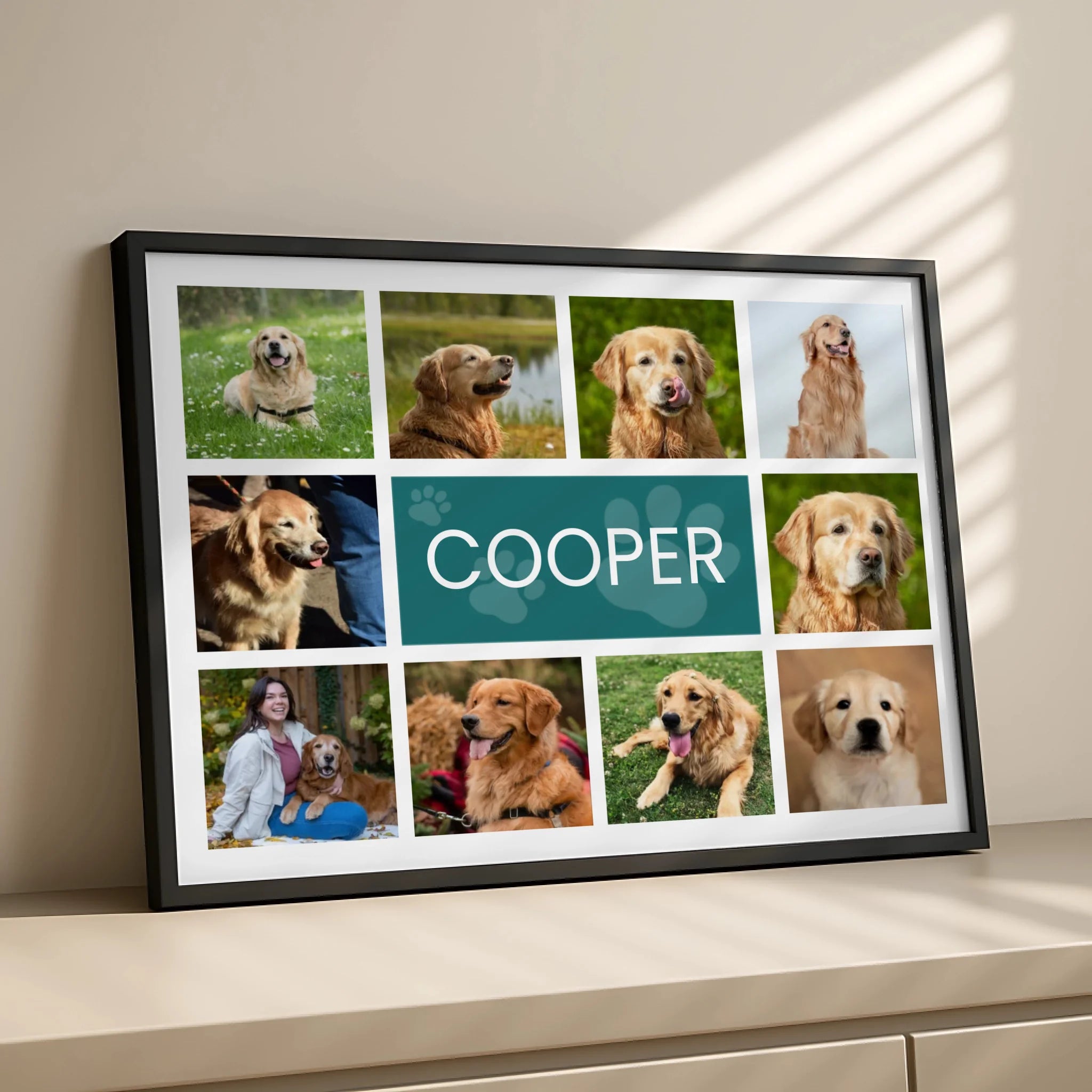 Six-photo personalised dog picture frame with name printed below the grid