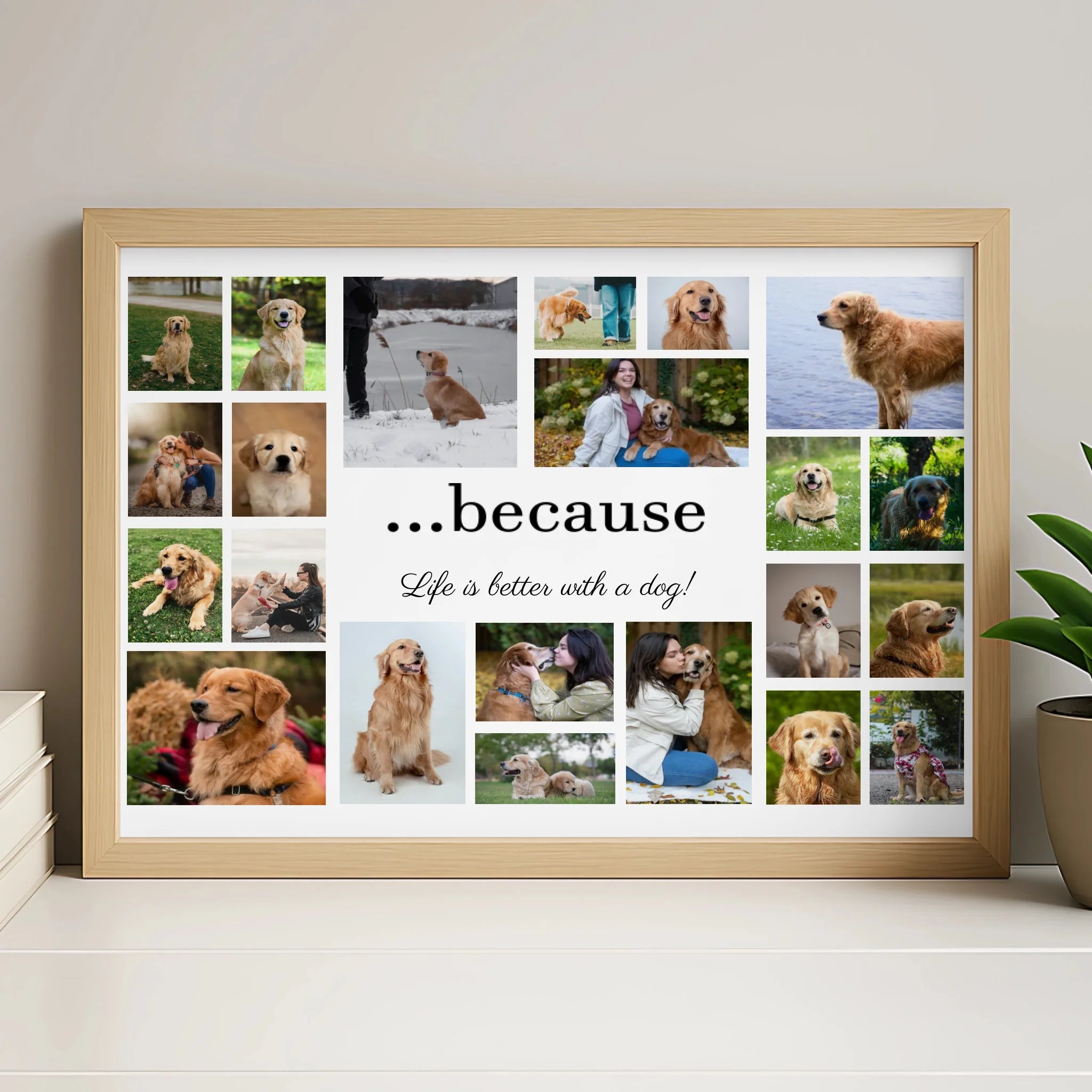 Personalised dog photo collage frame in white finish with custom quote