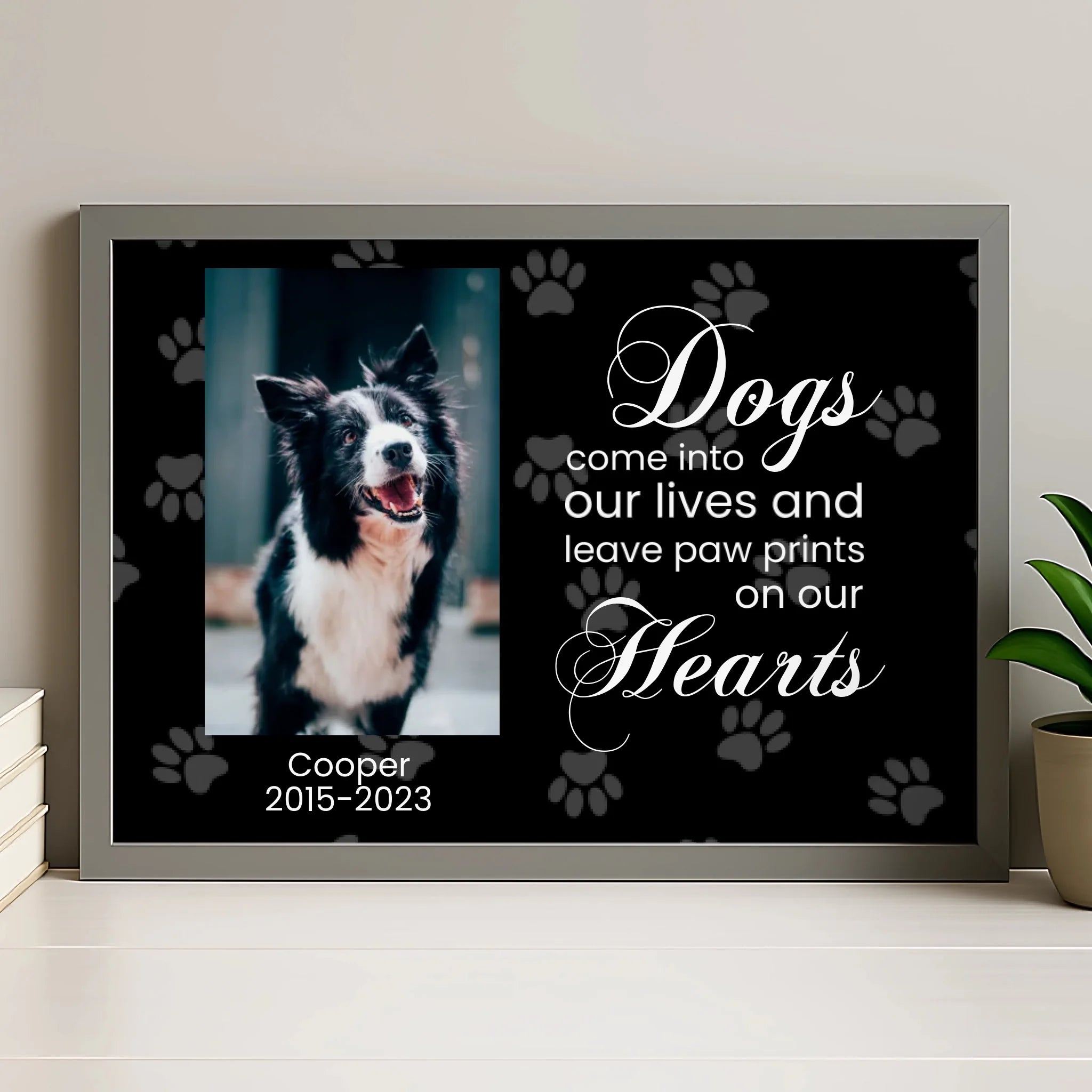 Personalised dog memorial frame in grey finish with photo