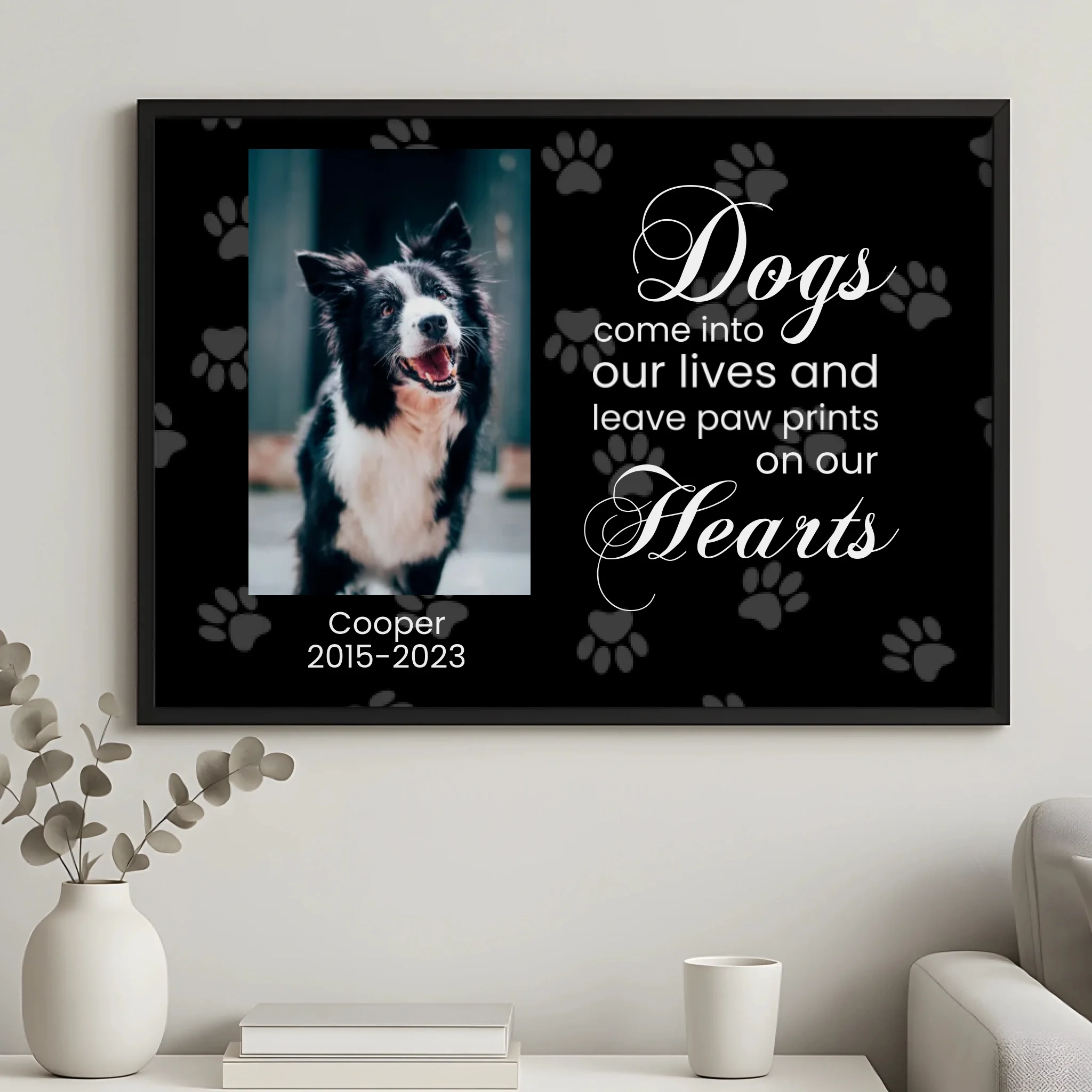 Close-up of personalised dog memorial frame with quote detail