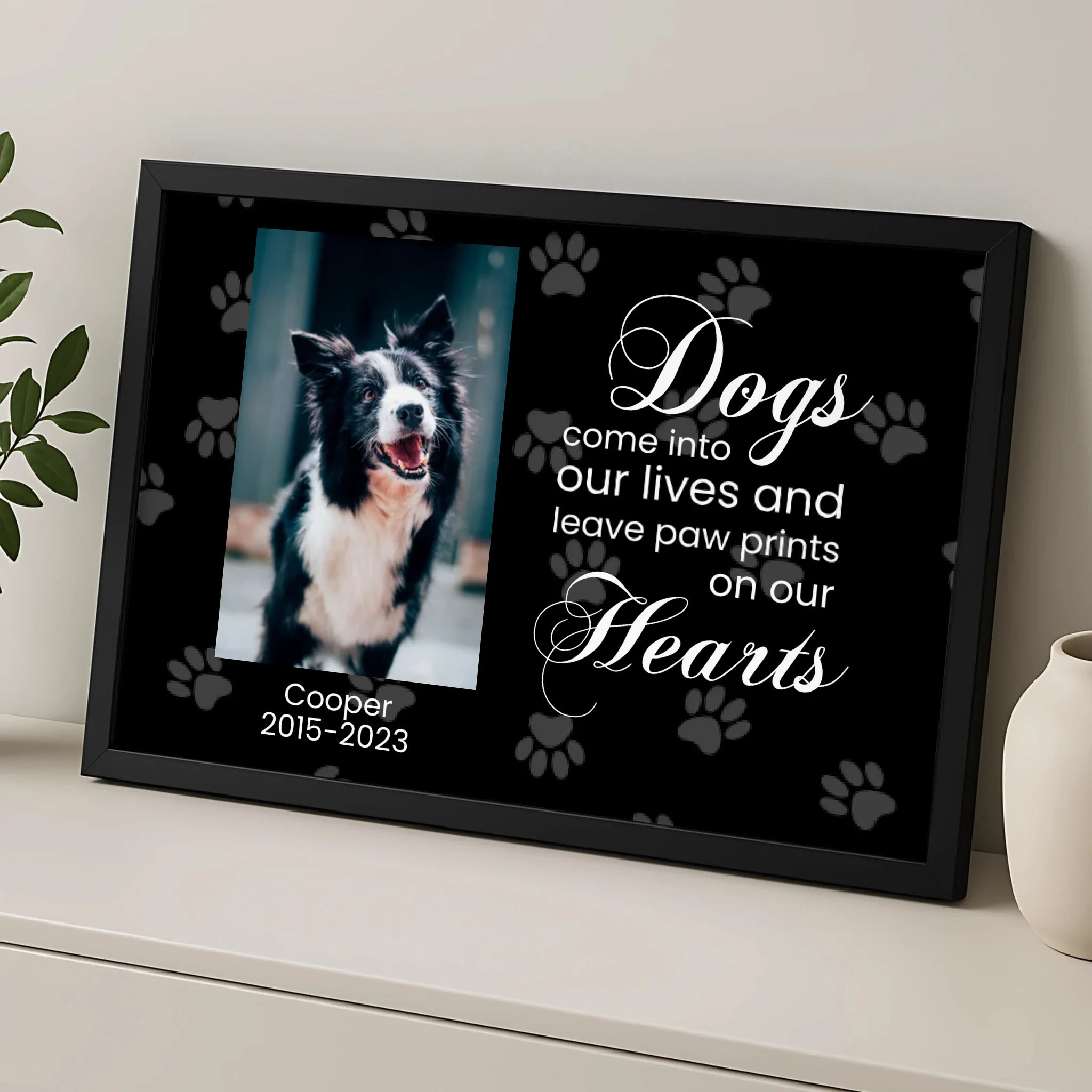 Personalised pet memorial photo frame displayed on wall