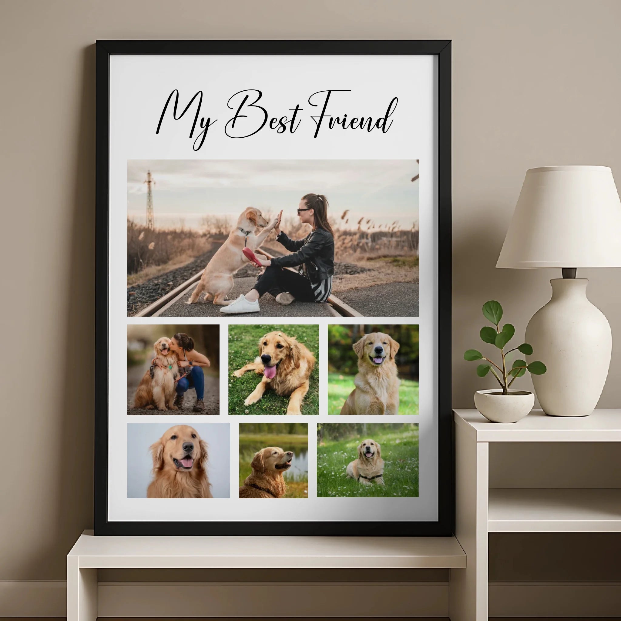 Personalised dog photo collage frame showing multiple images of a pet