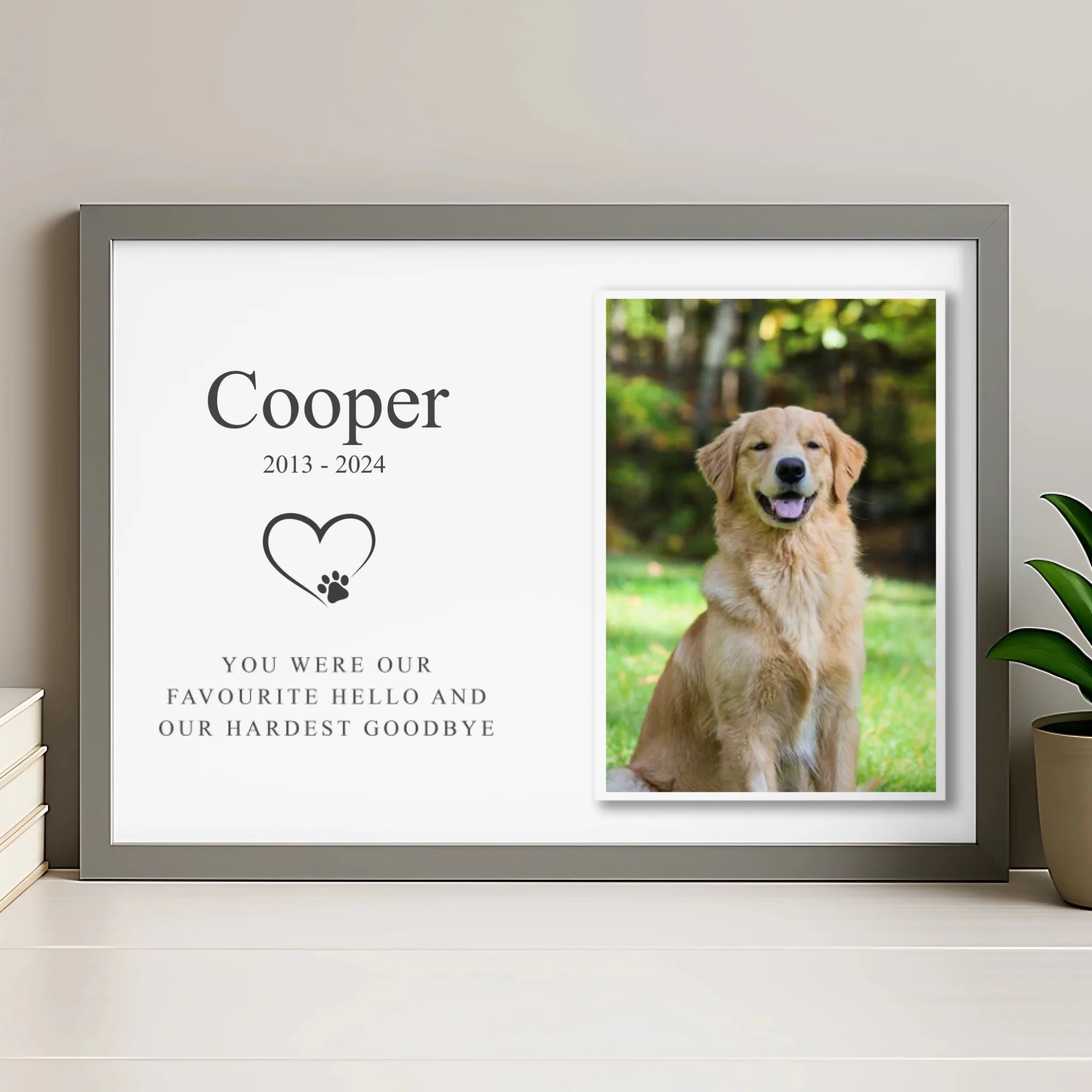 Personalised pet memorial frame in grey finish with custom photo print