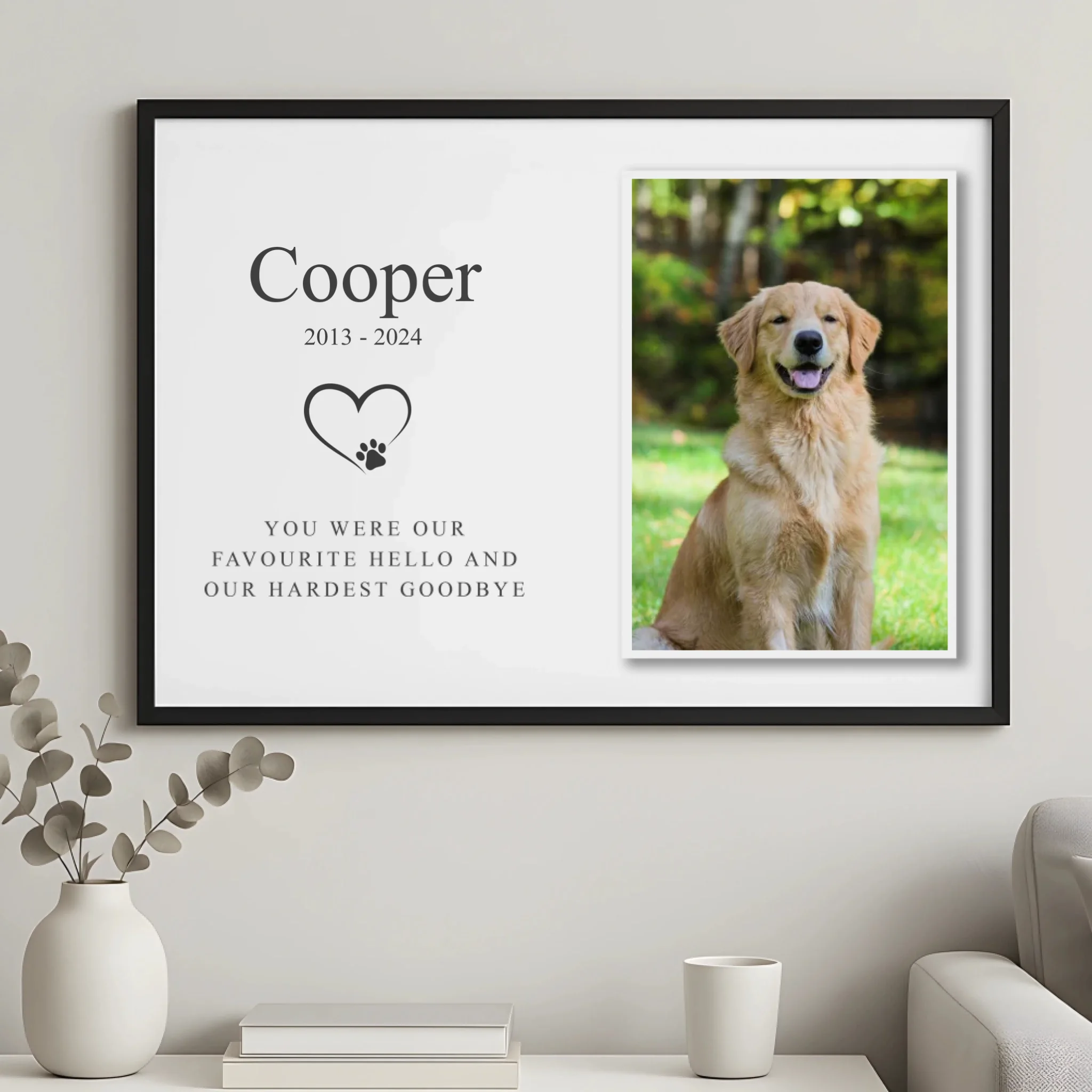 Personalised dog memorial frame displayed on a shelf at home