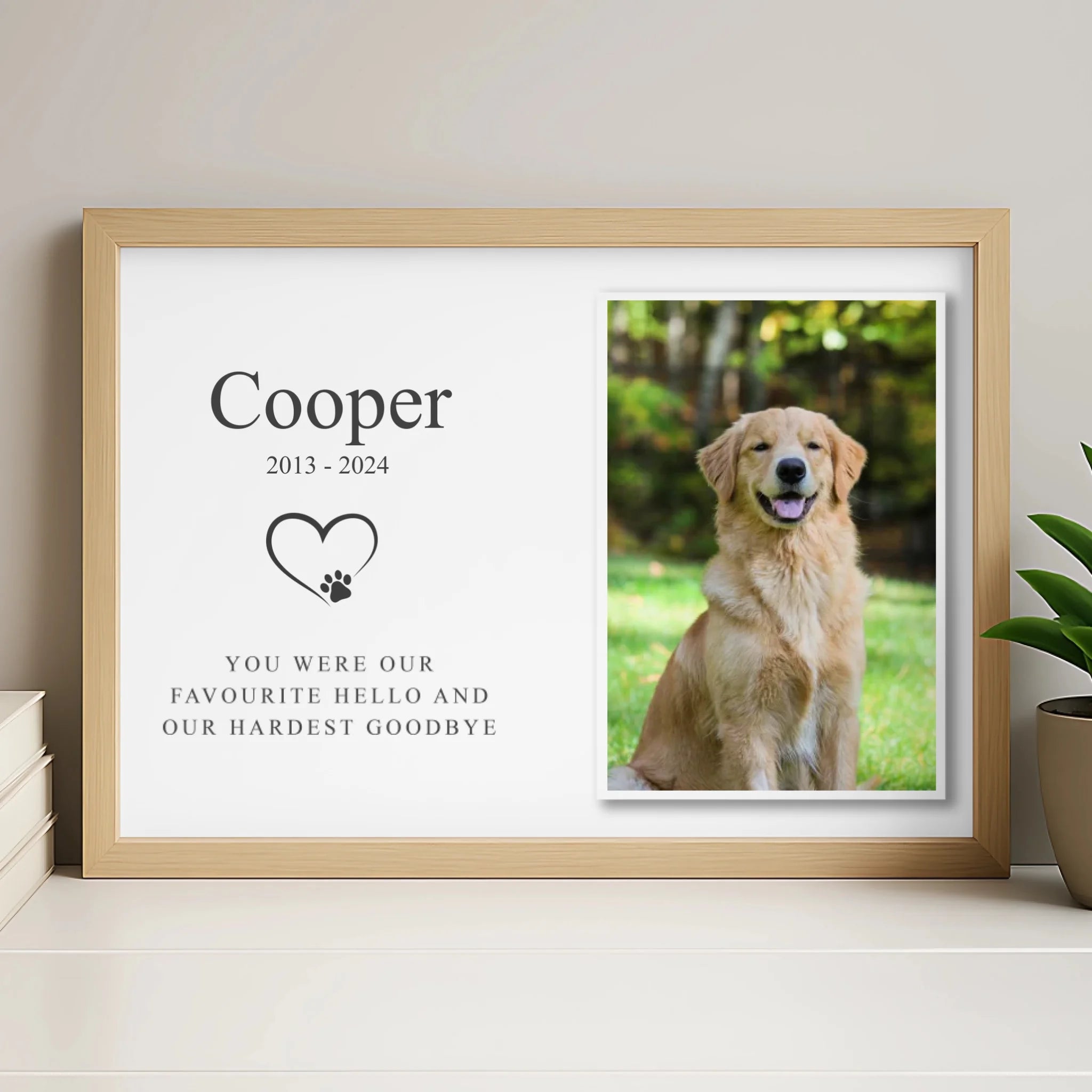 Personalised pet memorial frame in white finish with custom photo and text