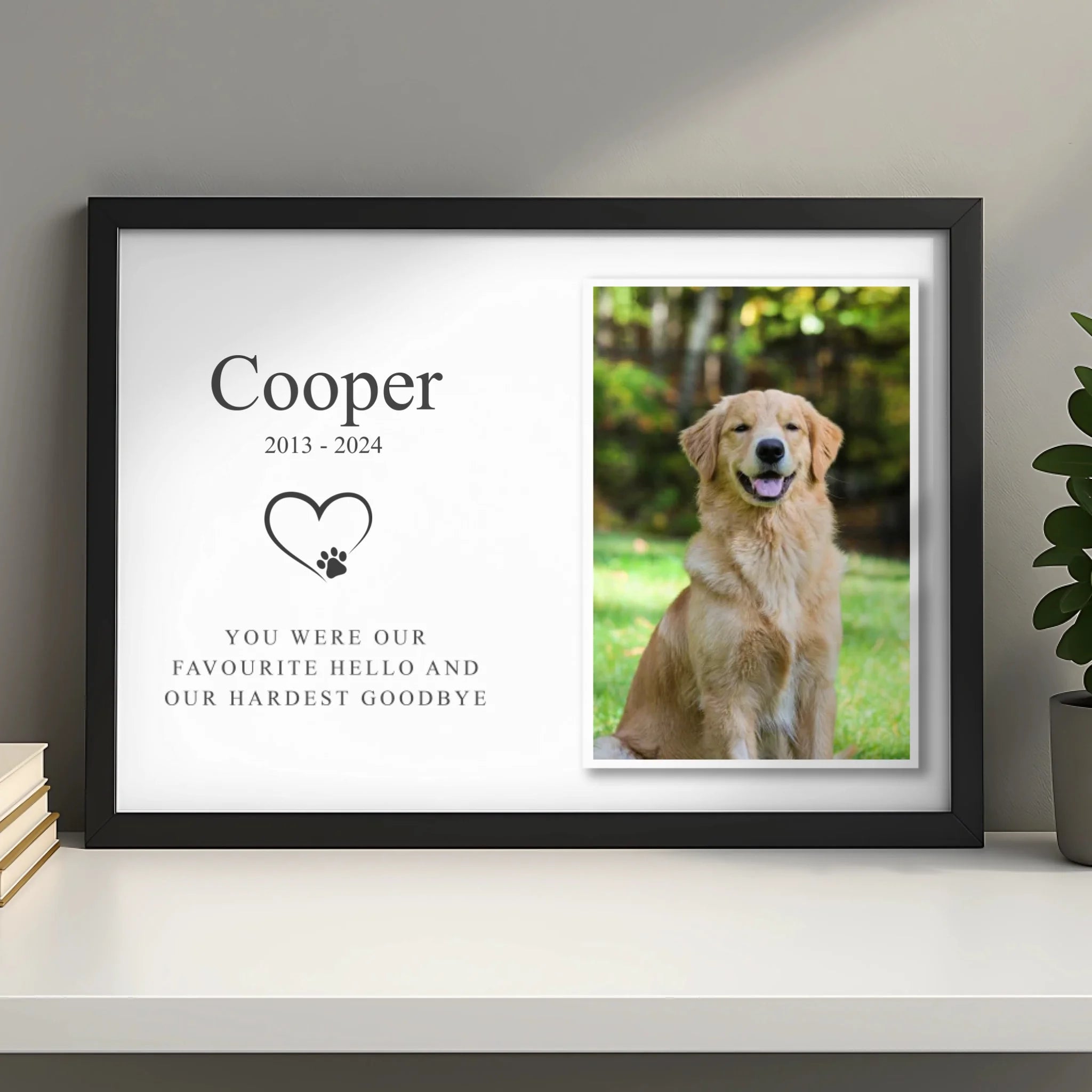Personalised pet memorial photo frame with custom name and Rainbow Bridge text