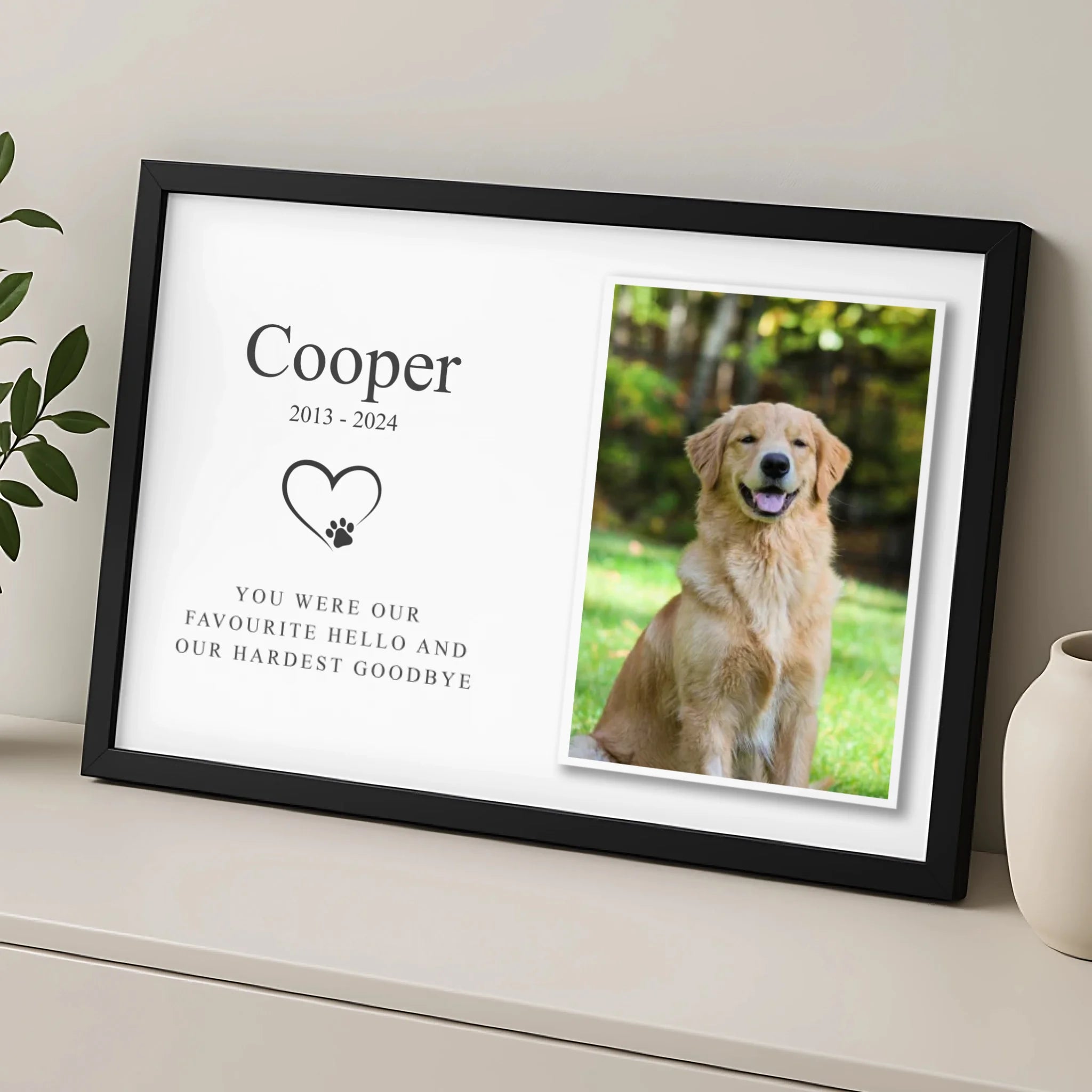 Close-up of personalised pet remembrance frame with custom text detail