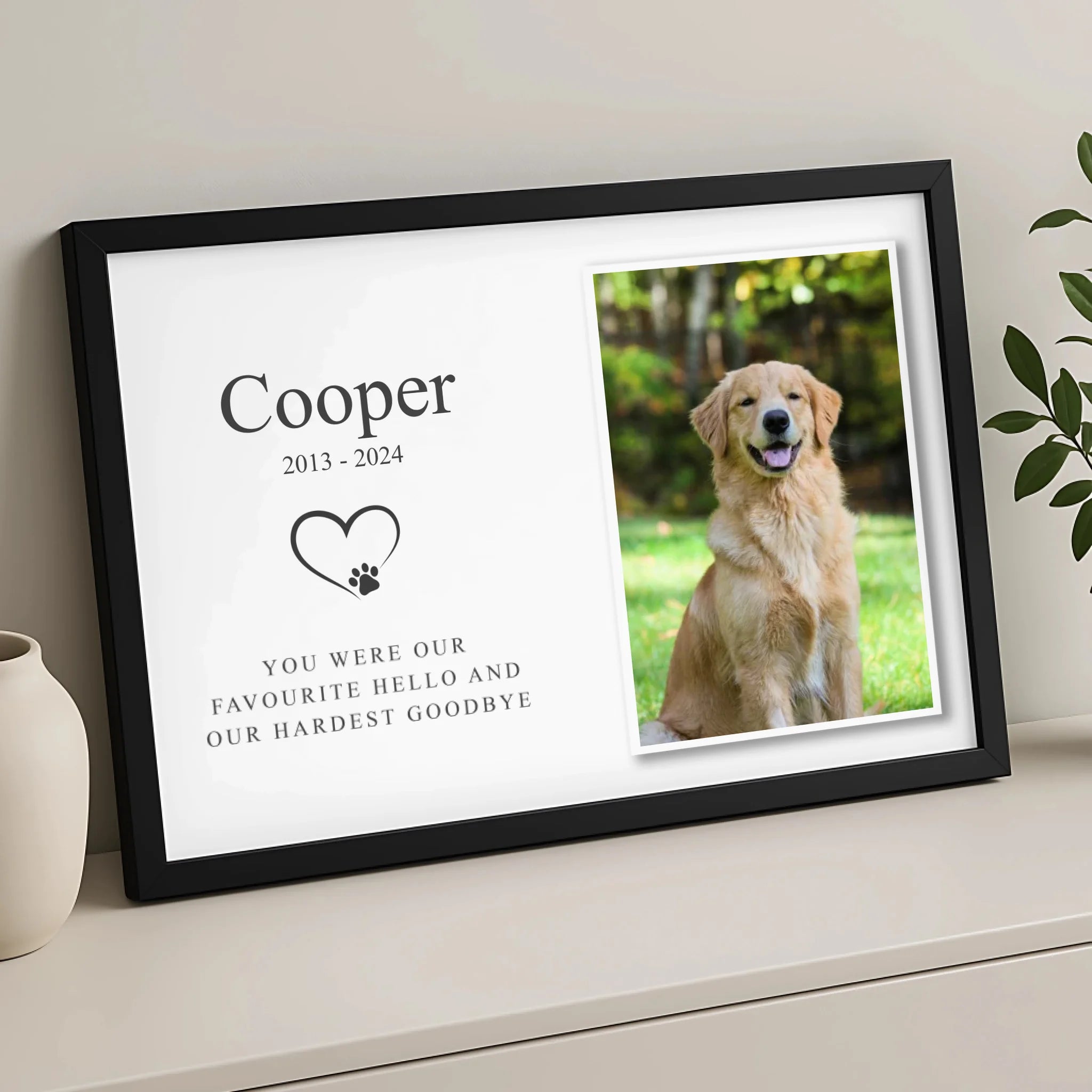 Custom dog remembrance photo frame showing personalised printed design