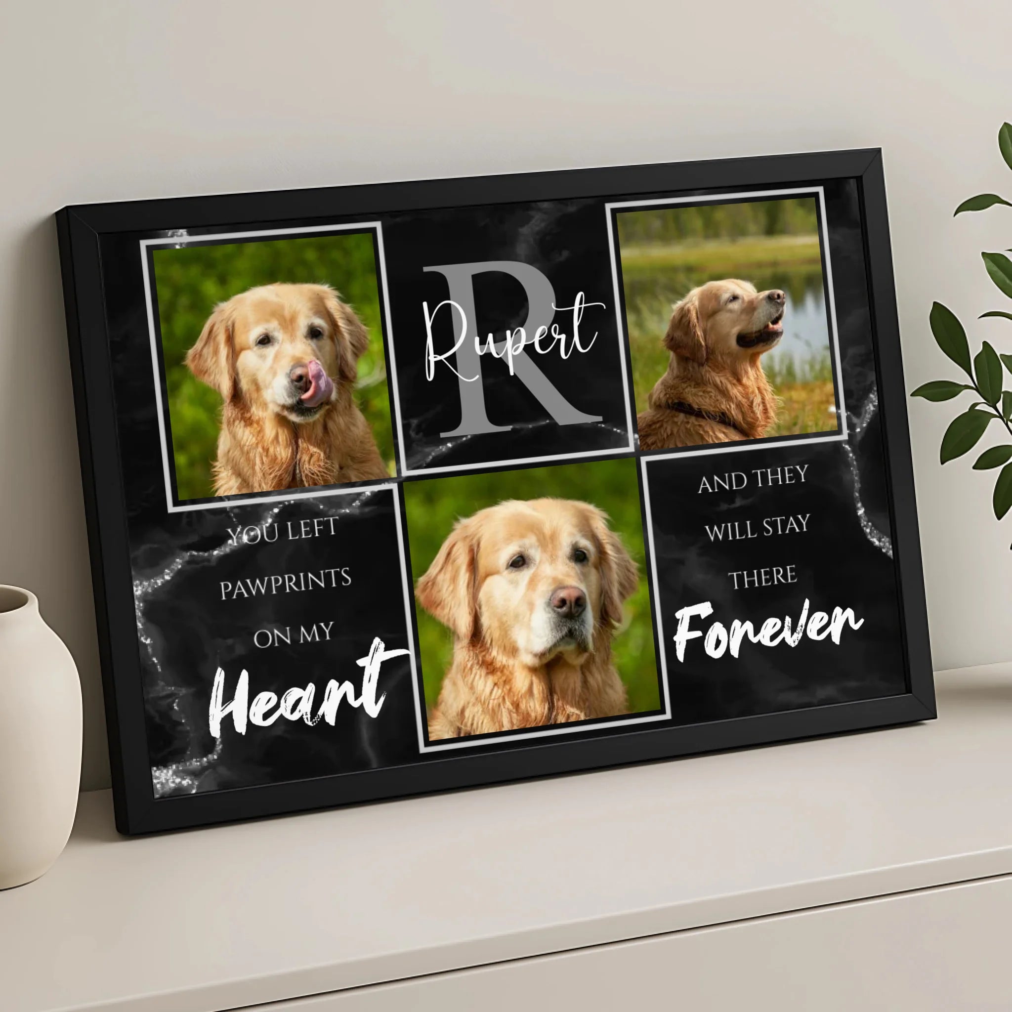 Custom dog loss memorial photo frame showing personalised collage layout