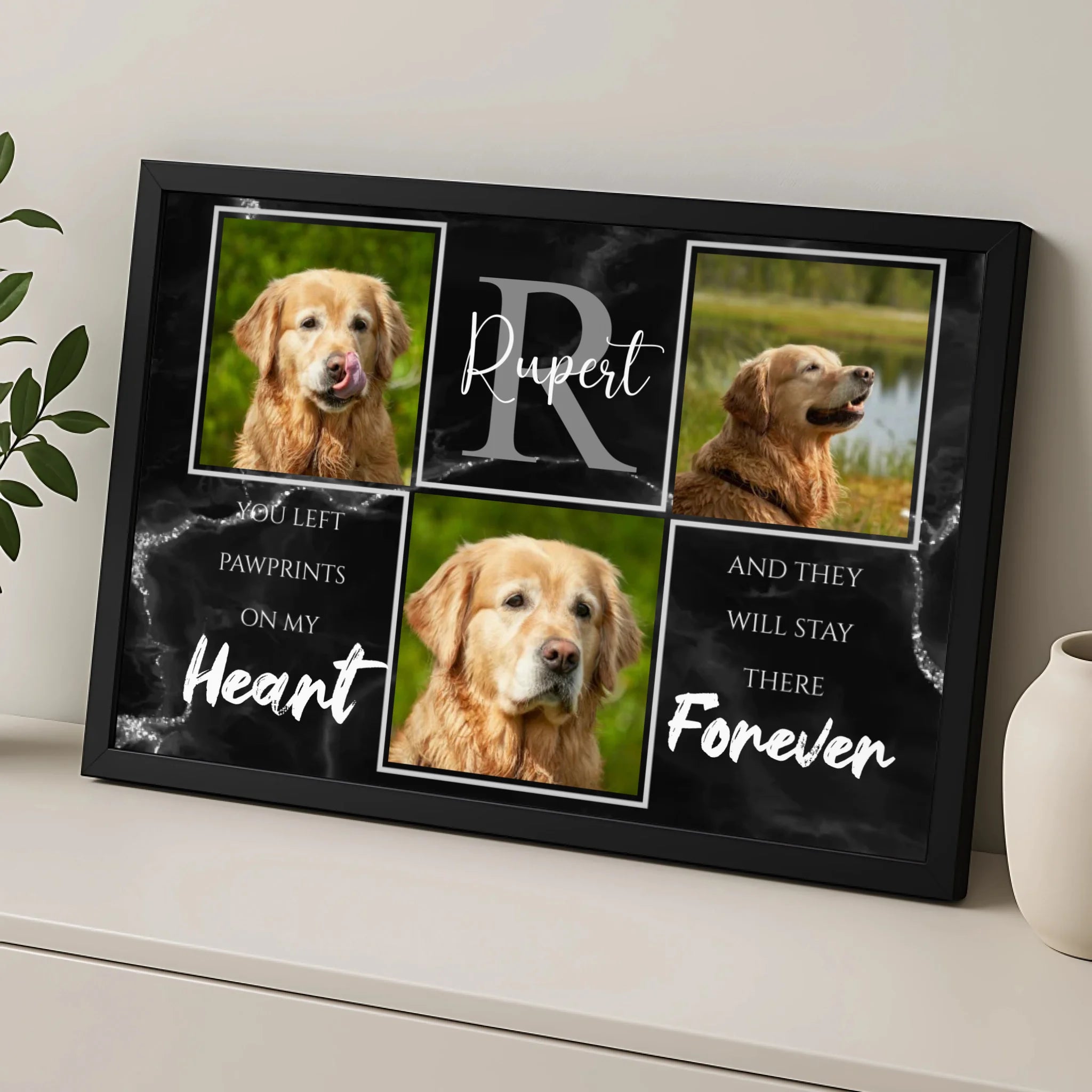 Close-up of custom dog memorial photo frame with pawprint design and personalised text