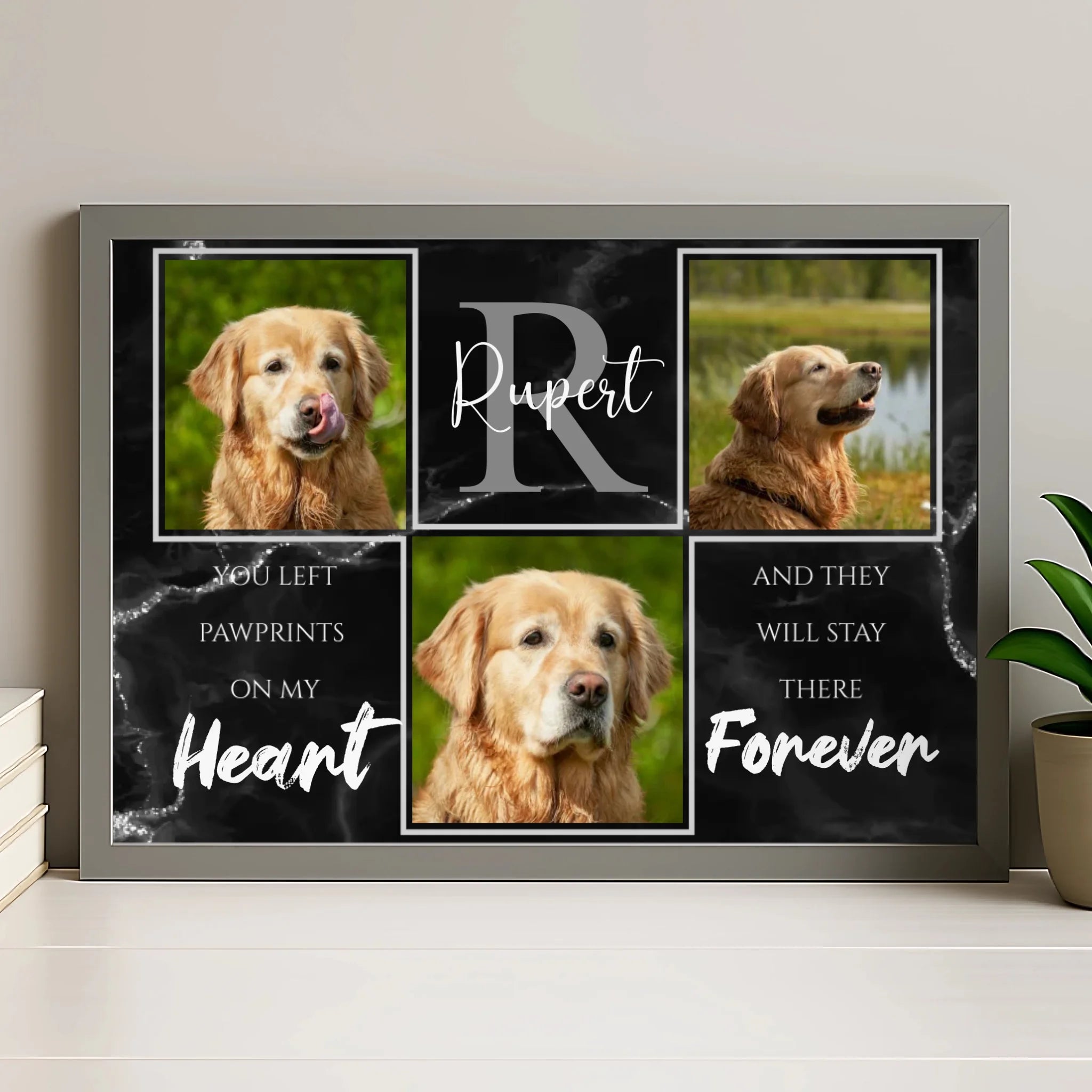 Grey personalised pet memorial photo frame with custom dog loss collage