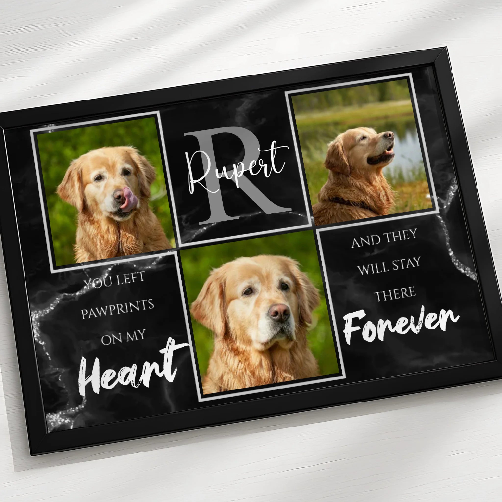 Personalised pet loss photo frame with custom dog collage and name