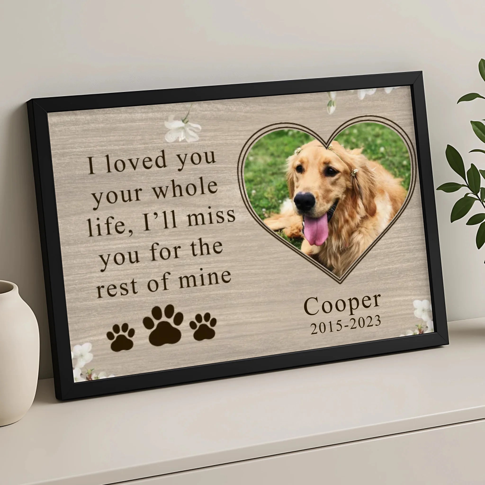 Custom dog loss photo frame personalised with pet name and tribute message
