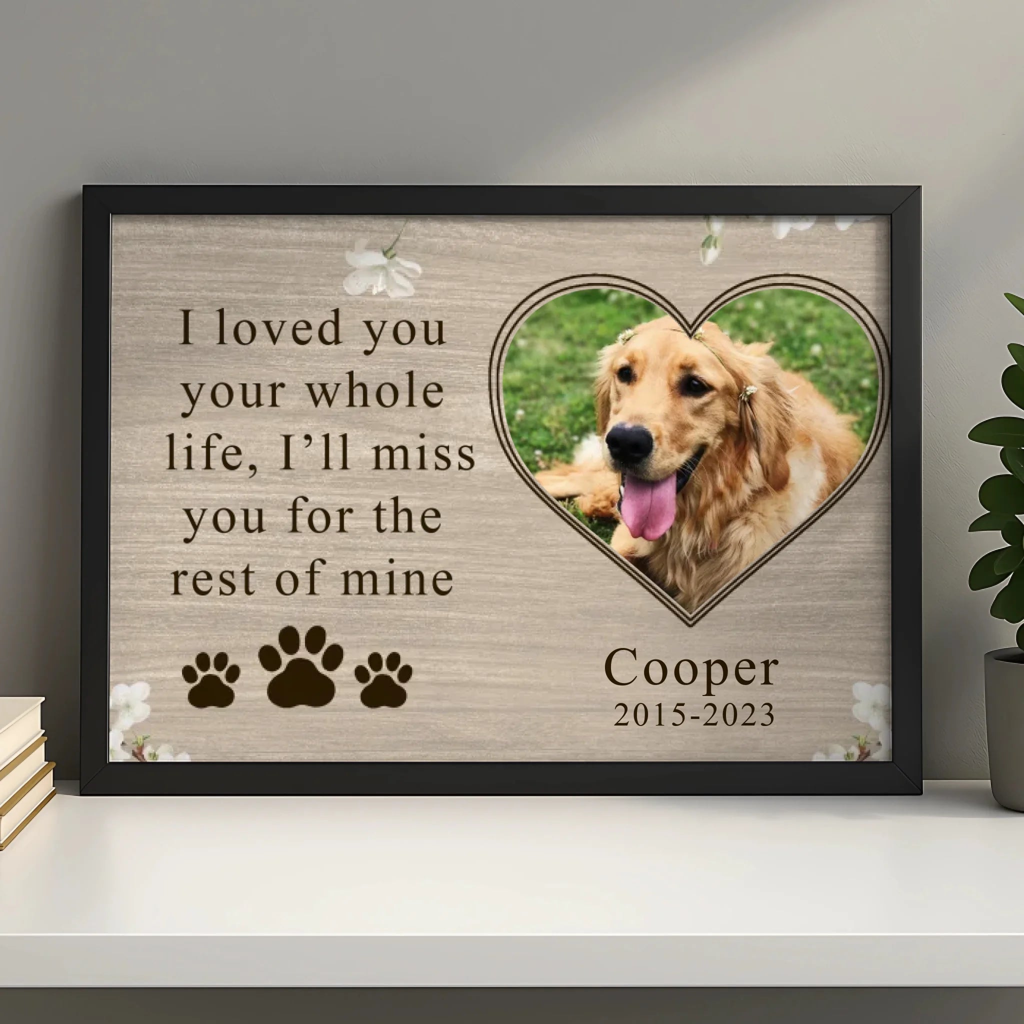 Personalised pet loss photo frame displayed on a shelf as a dog memorial gift
