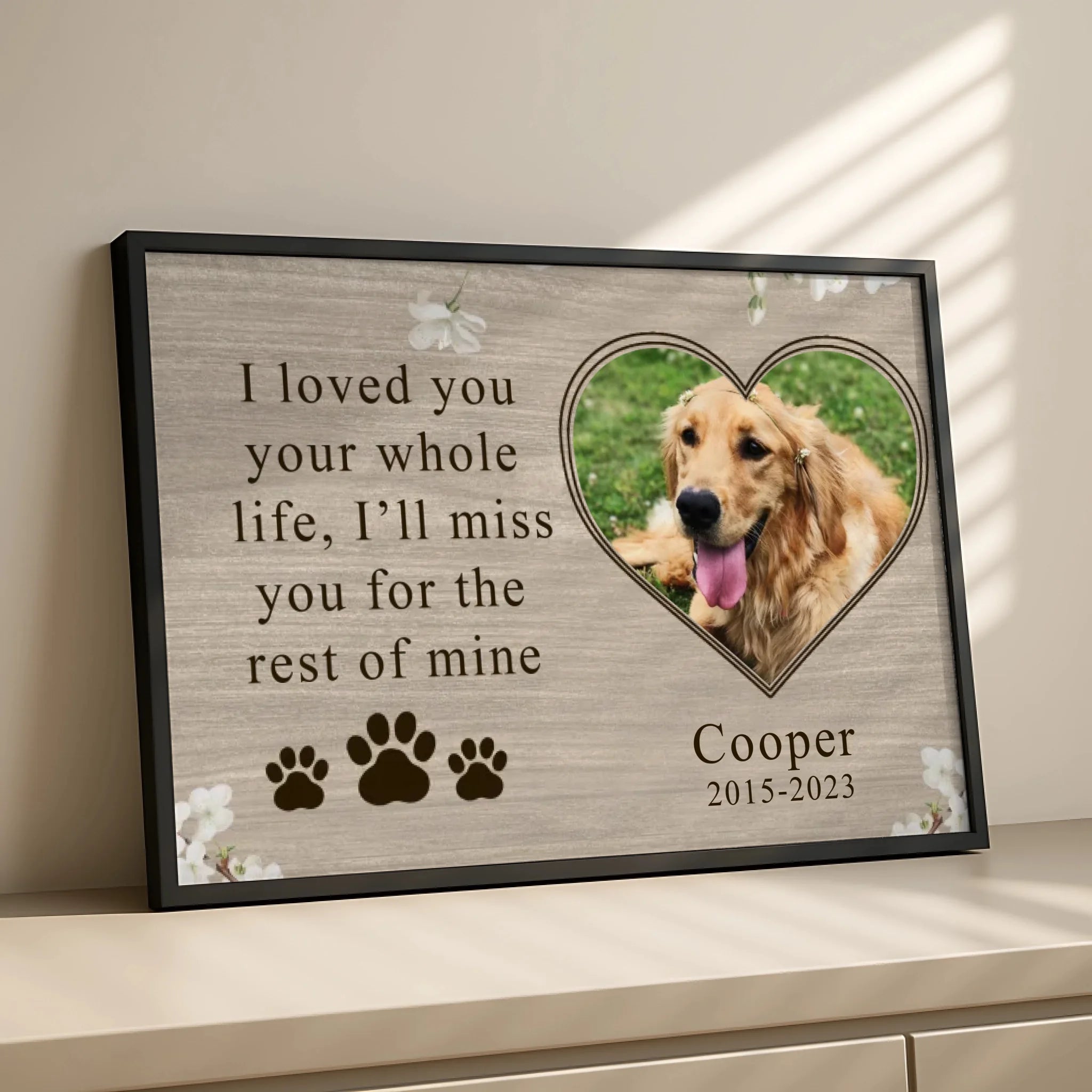 Personalised dog memorial frame showing photo upload area and pawprint design