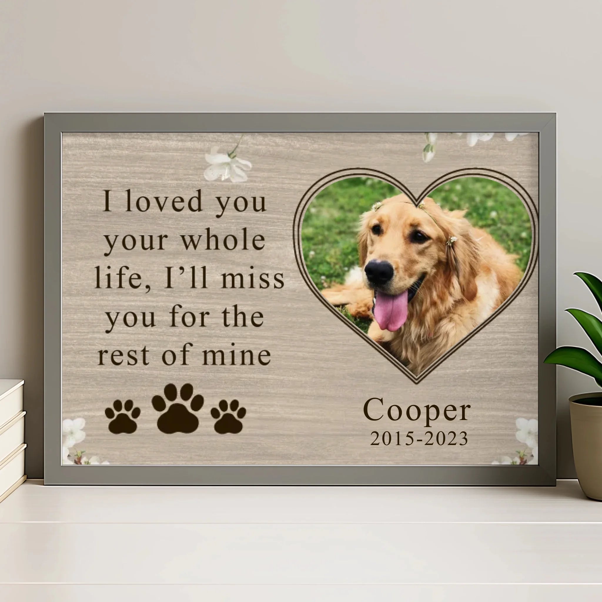 Personalised pet memorial frame in grey finish with custom photo and pawprint detail