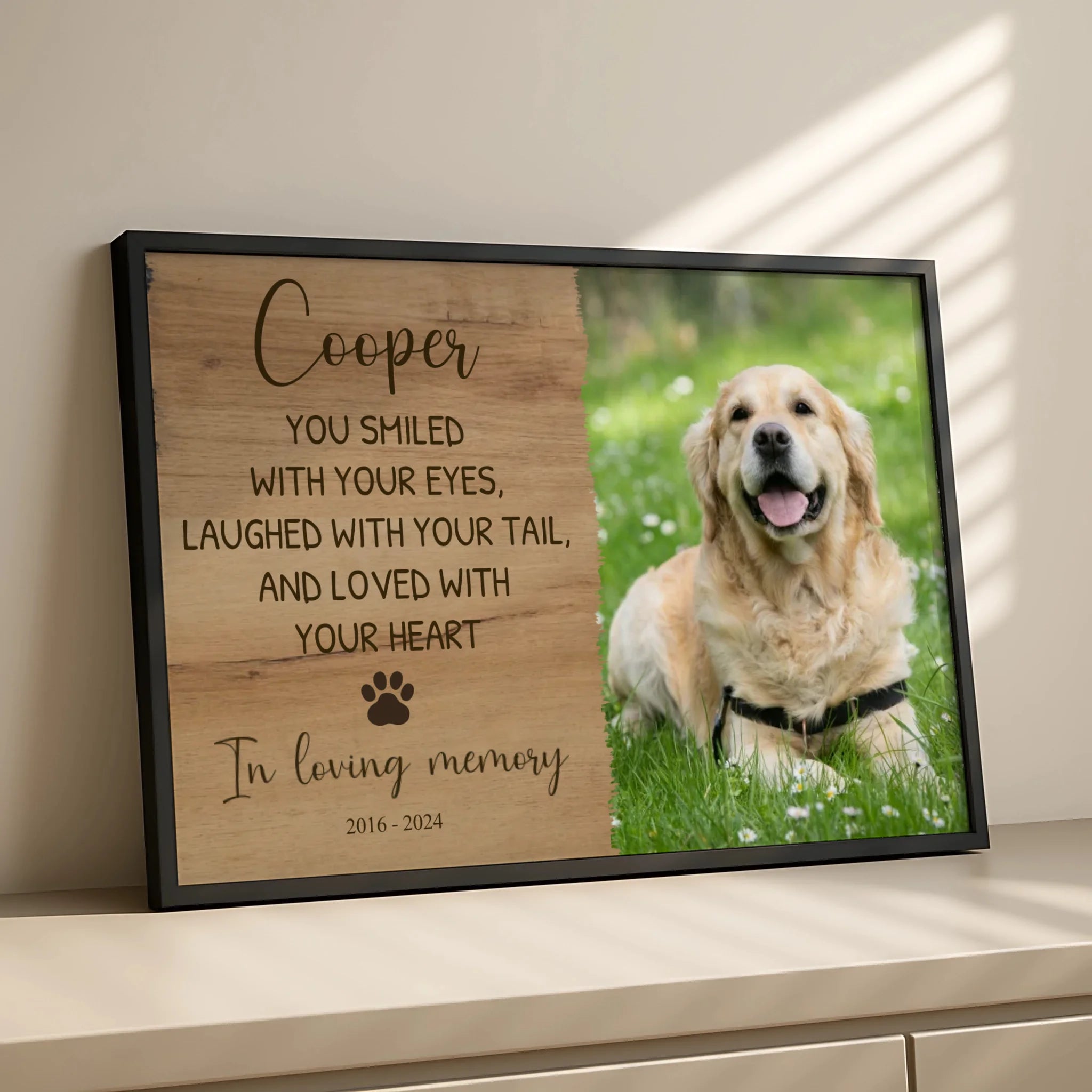 Personalised pet loss photo frame displayed on a shelf at home