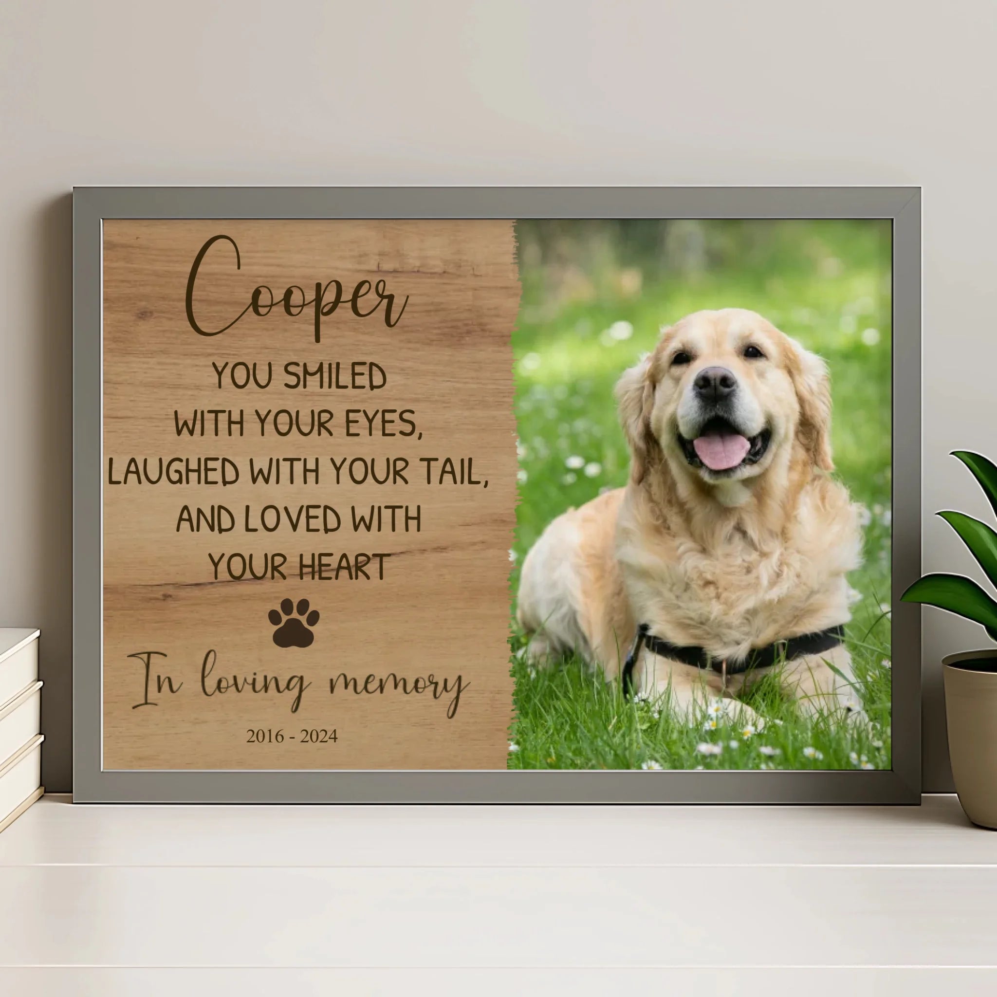 Personalised pet memorial frame in grey finish with custom dog photo