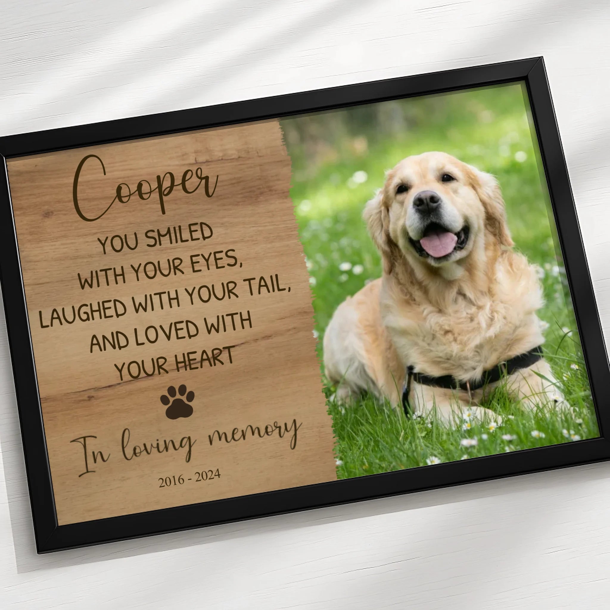 Pet memorial photo frame gift showing in loving memory design with dog photo