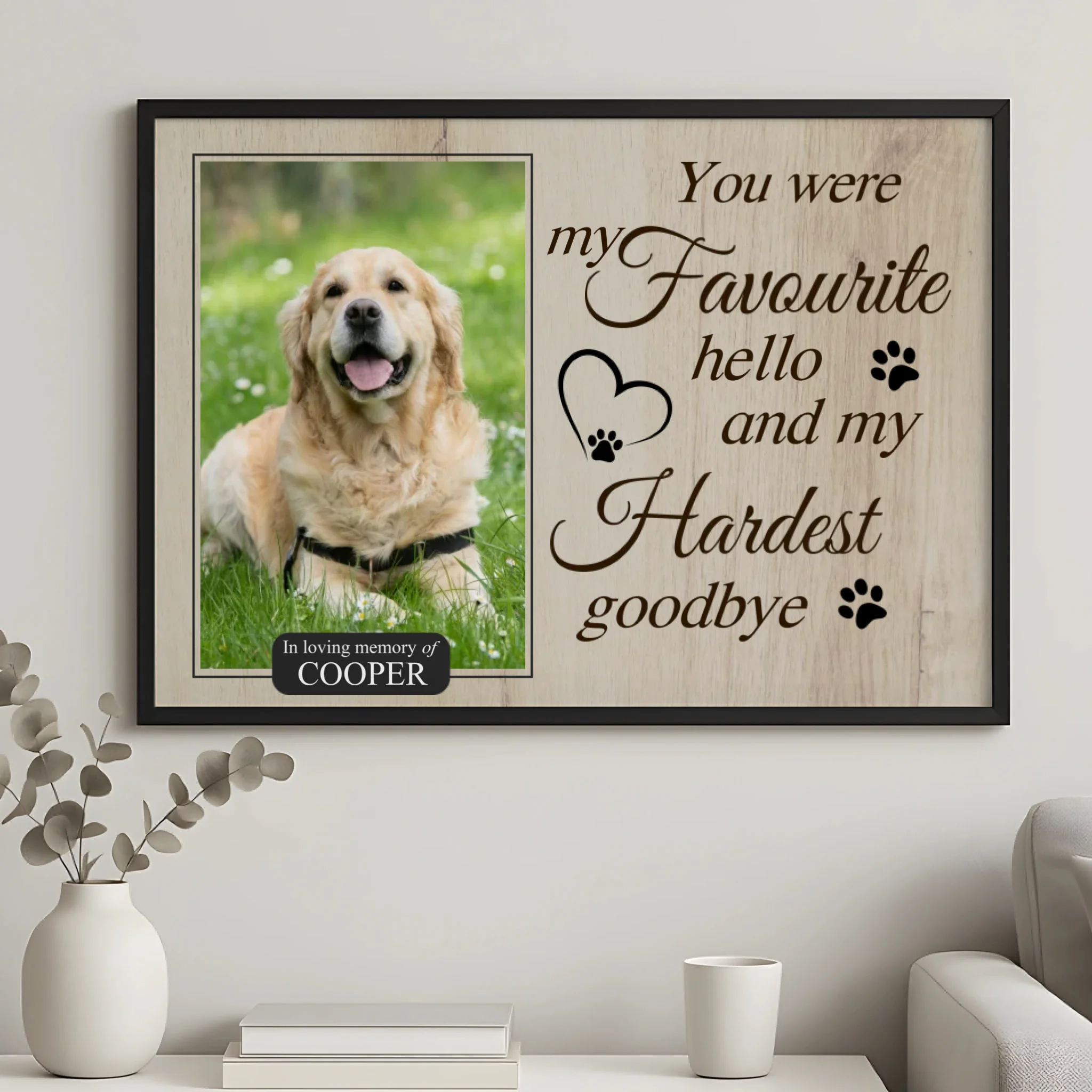 Custom photo memorial frame for pets showing quote and uploaded dog photograph