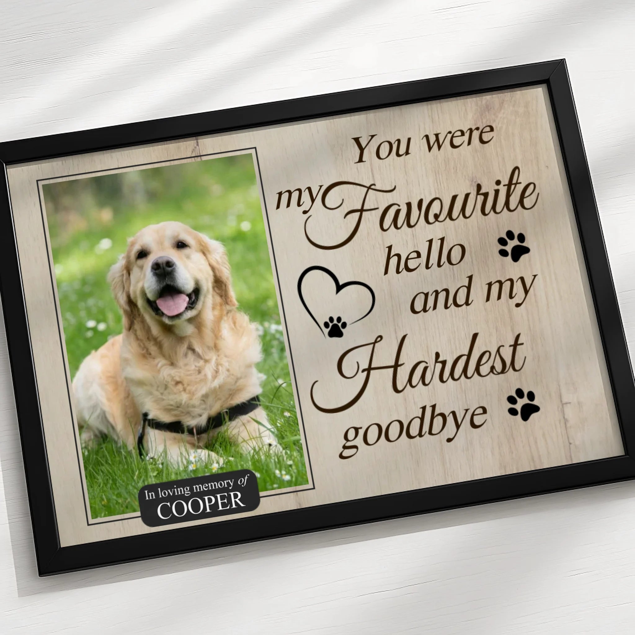 Dog loss memorial frame with personalised photo and quote printed on front