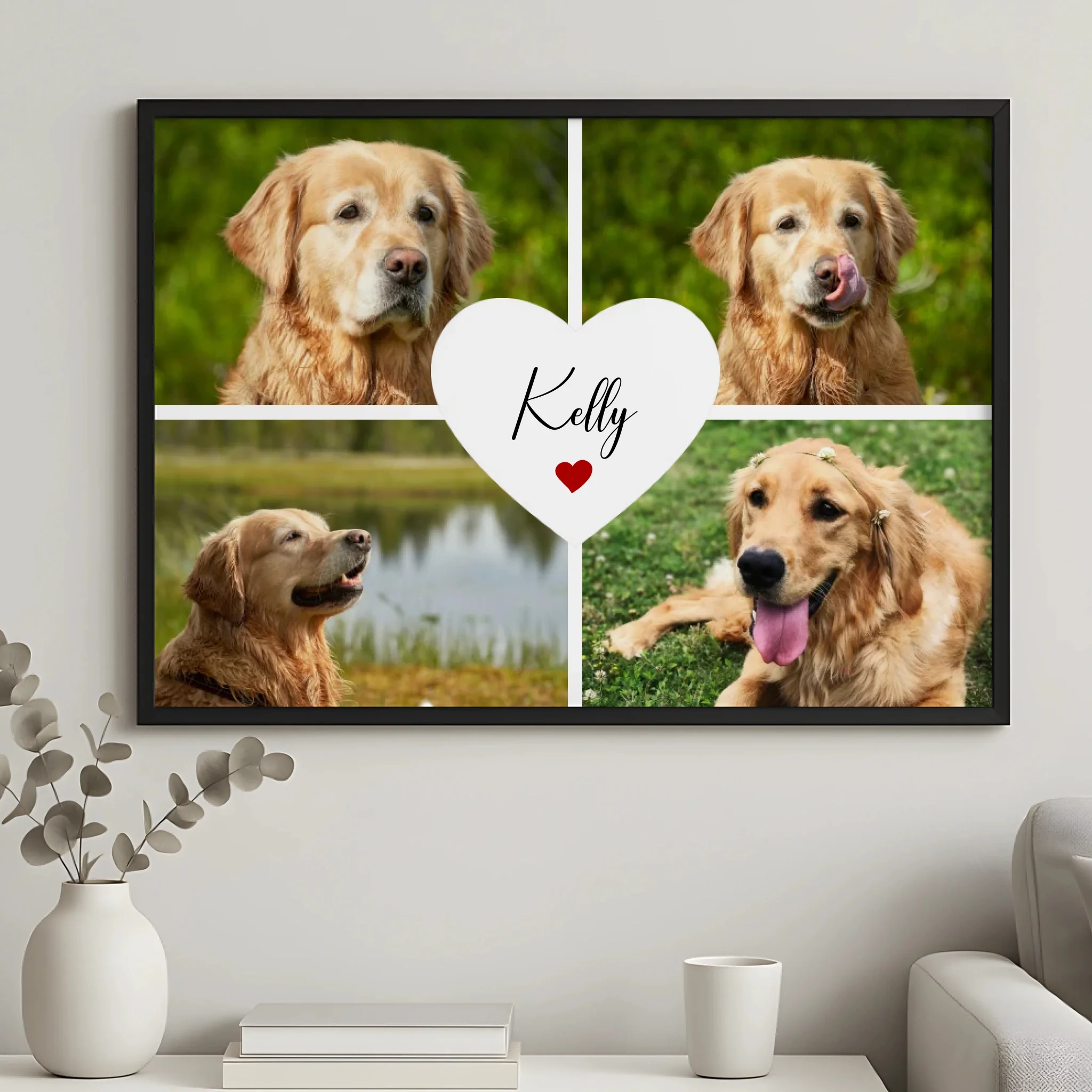 Close-up of personalised pet photo frame with heart cutout and custom text