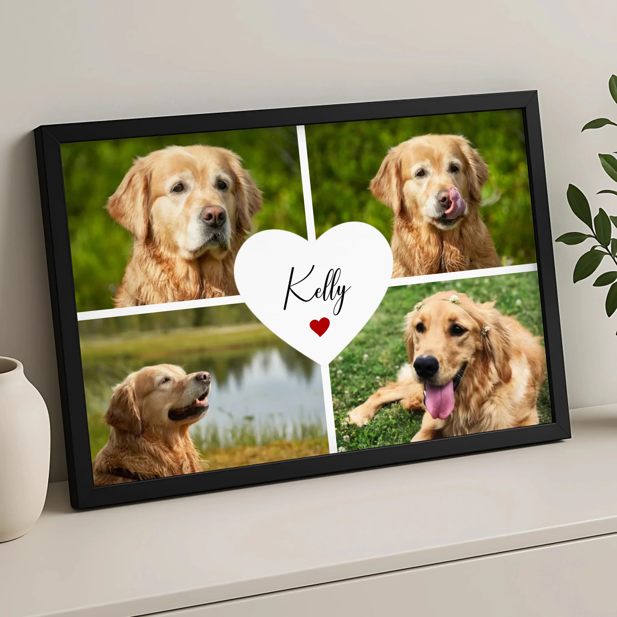 Custom dog remembrance photo frame showing a collage layout with pet photos