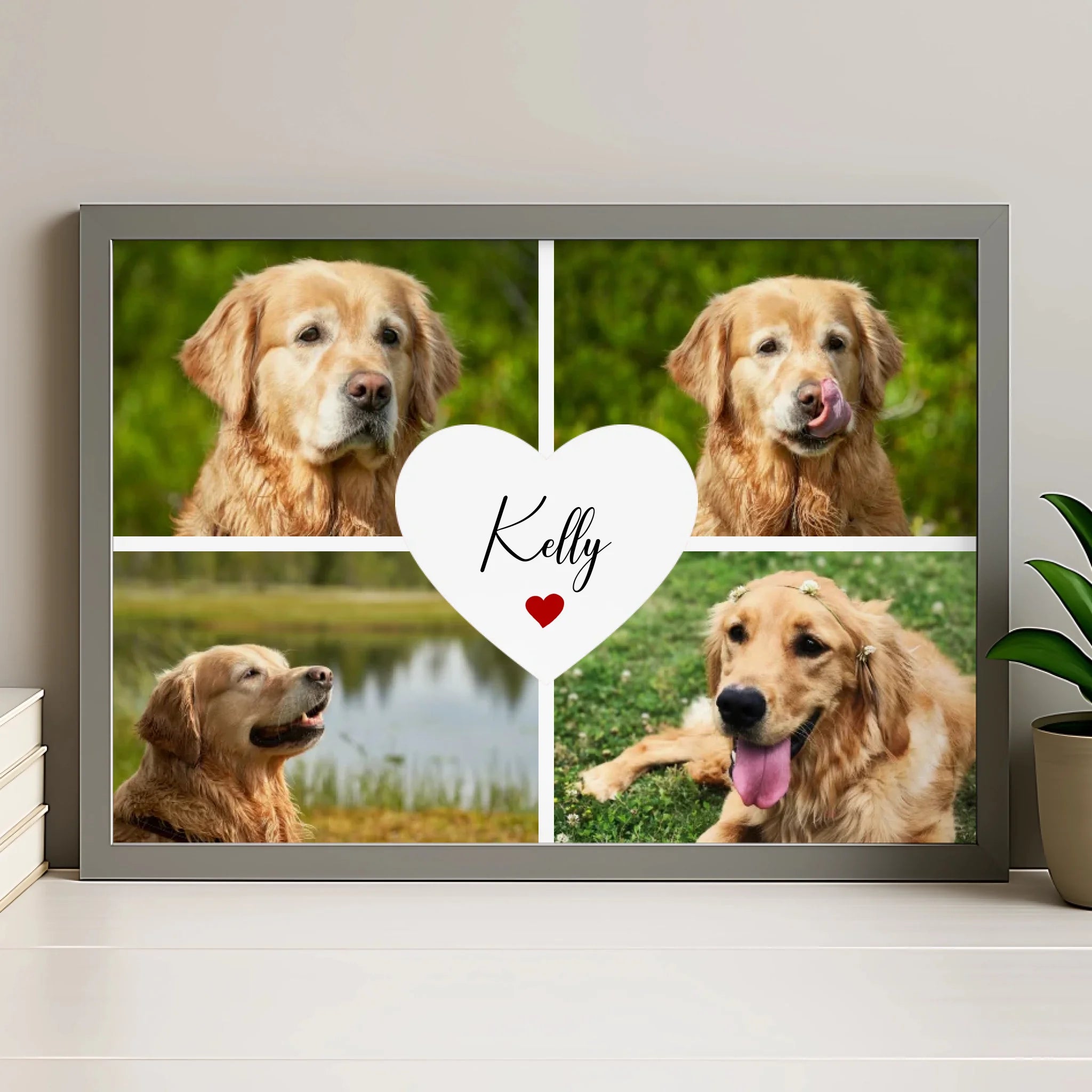 Pet photo collage frame in grey finish with personalised heart detail